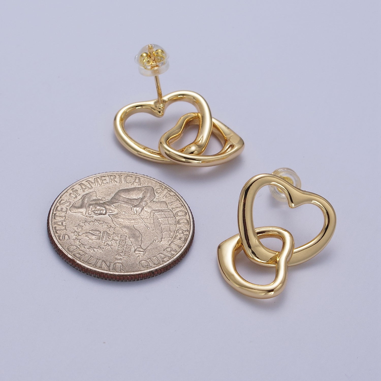 Double Gold Valentine Hearts Stud Drop Earrings | Y149 - DLUXCA