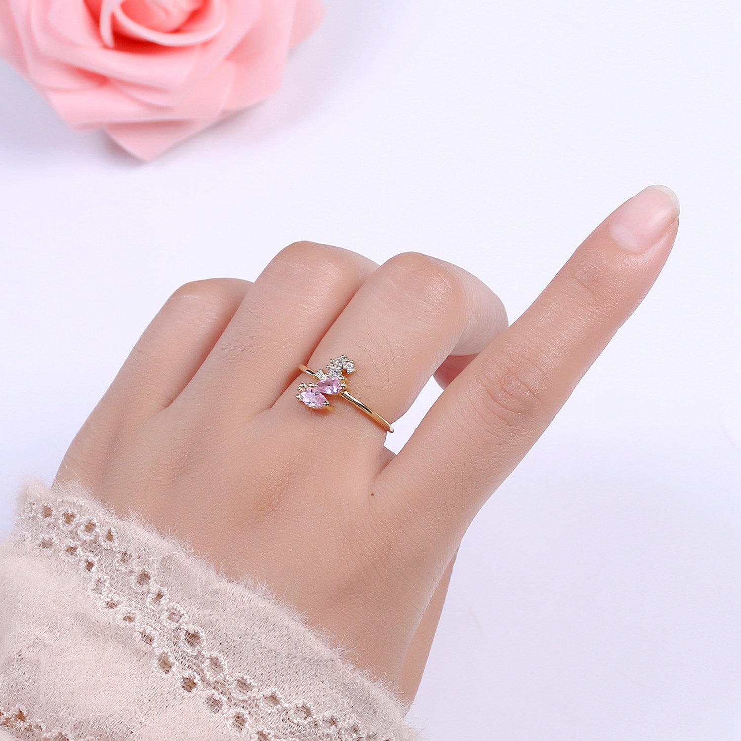 Dainty Gold Sea Horse ring, Gold Mini Animal Ring, Dainty Stackable Rings, Open Adjustable Ring CZ Under The Sea Inspired - DLUXCA