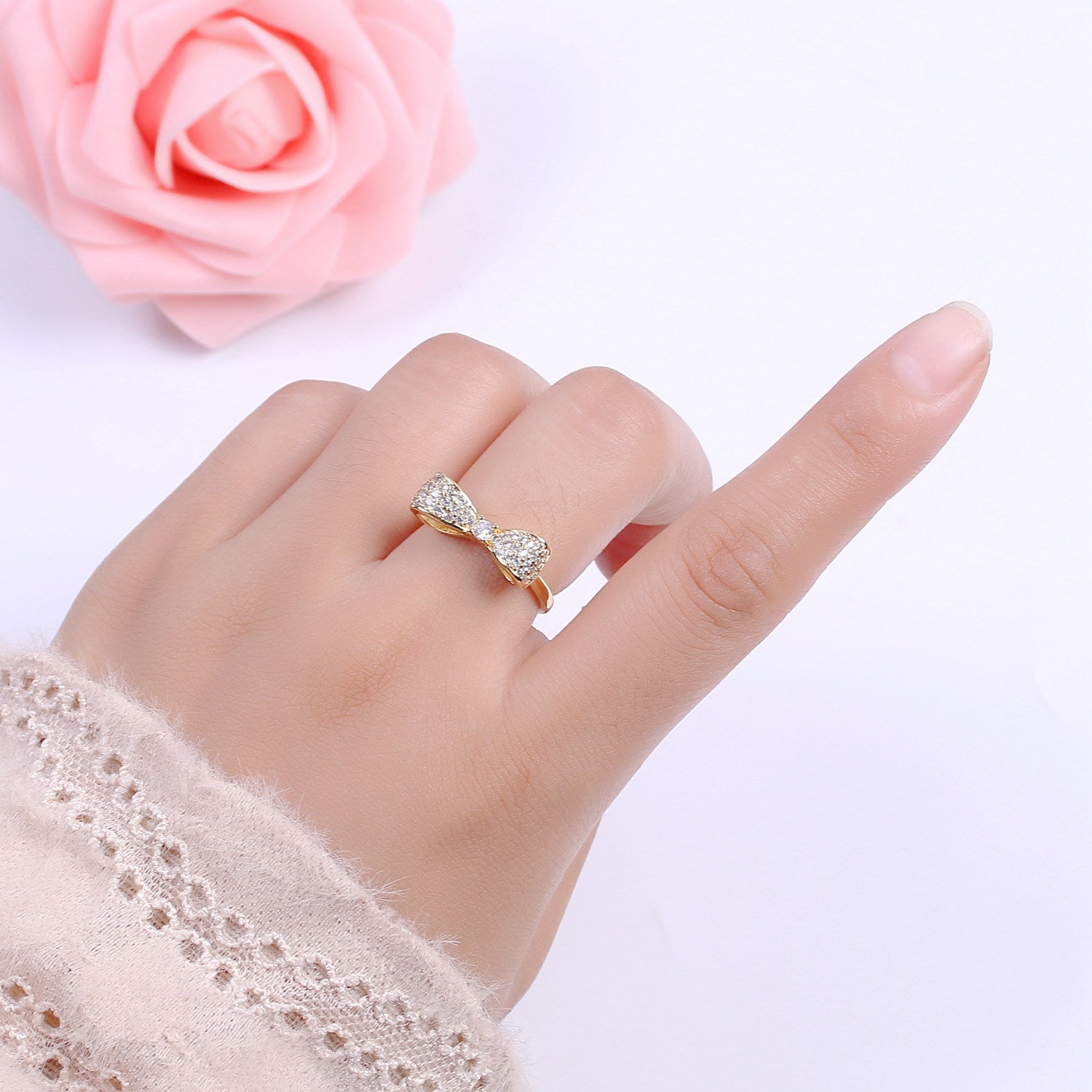 Dainty Gold Bow ring, Gold Minimalist Ring, Dainty Stackable Rings, Open Adjustable Ring CZ Ribbon Kawaii Cute Ring - DLUXCA