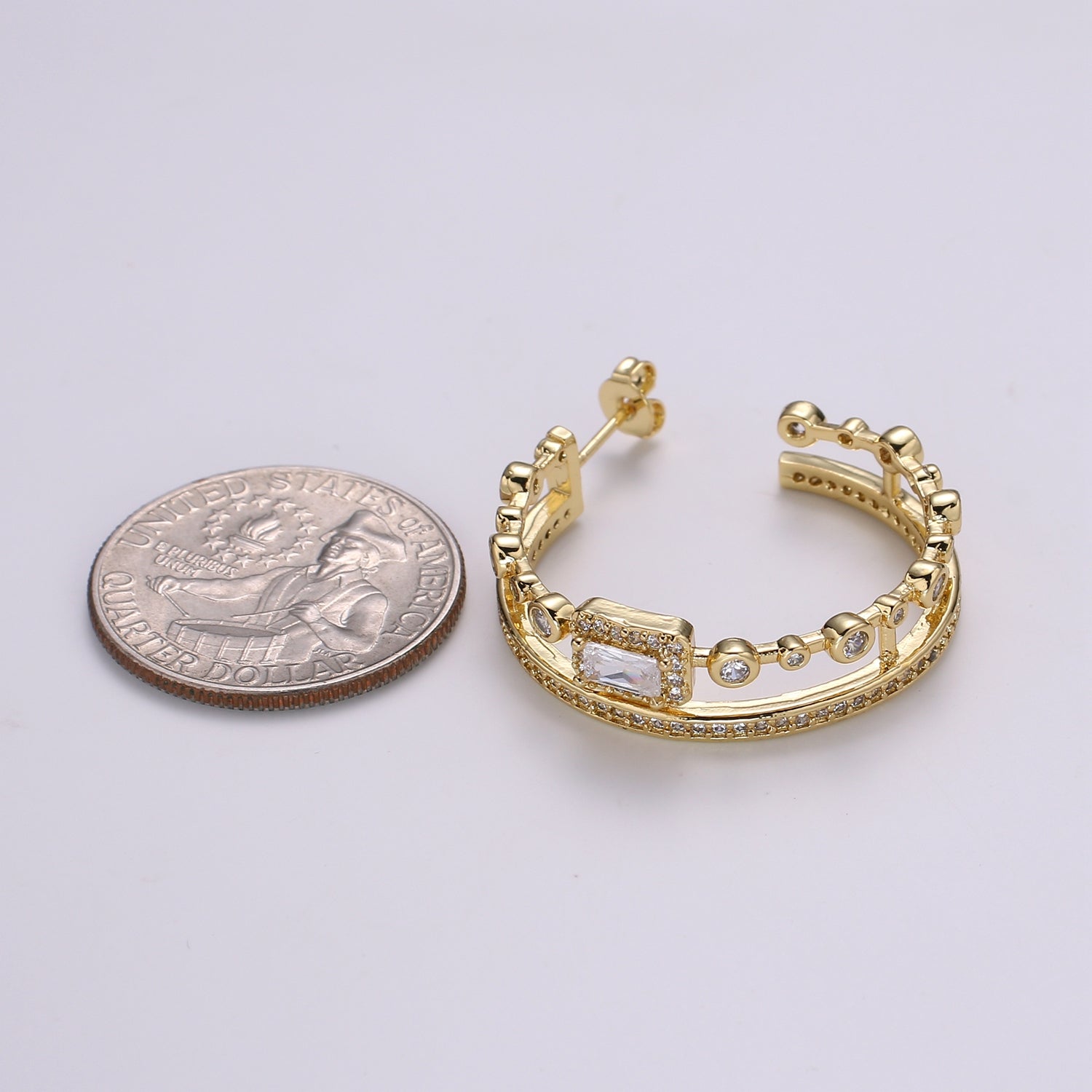 24K Gold Hoop Earring - Mismatched Hoop Earring - Geometric Cz hoop earring for women - Large Hoop 30MM Earring gift idea - DLUXCA