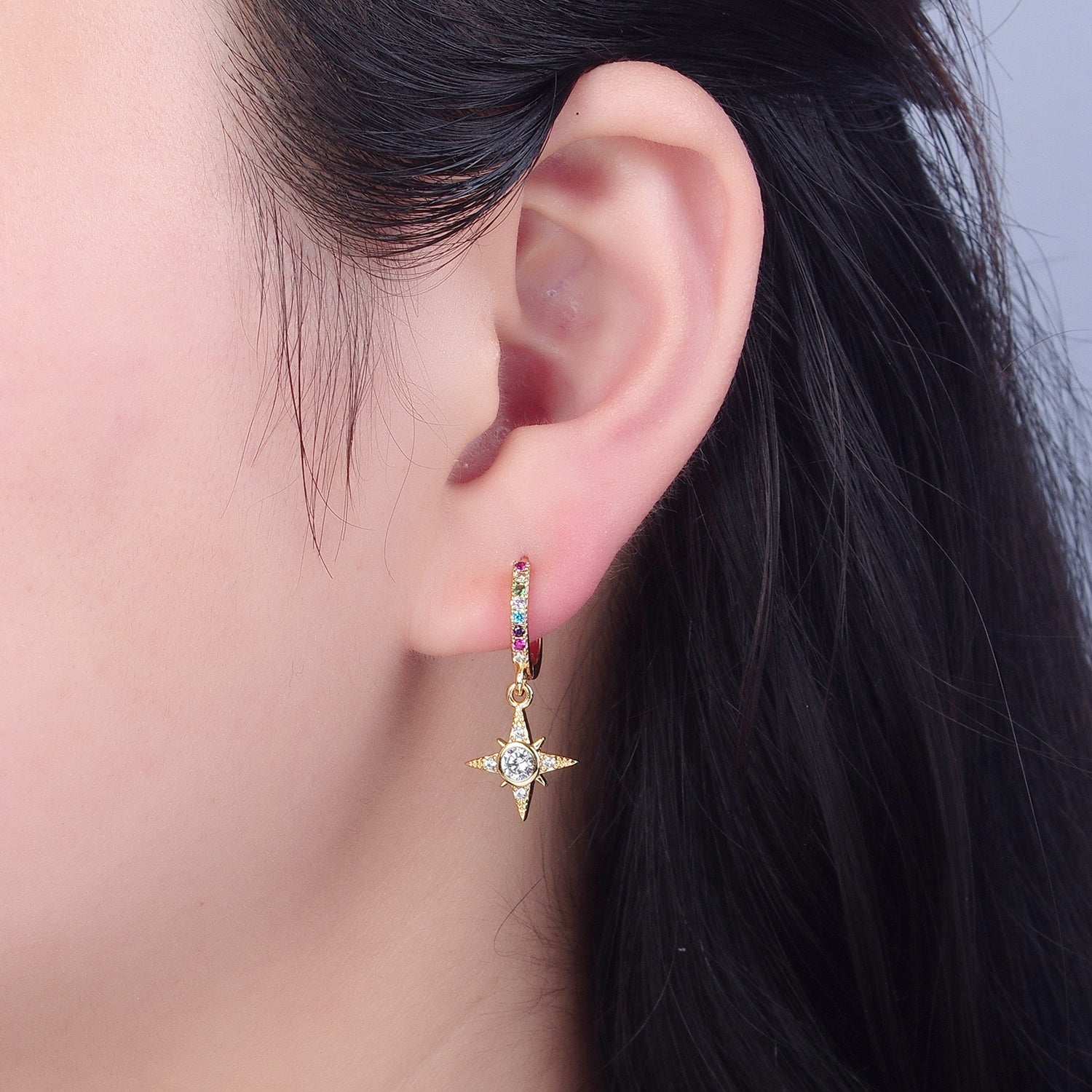 Dainty Gold Filled Huggie Earring with North Star Charm v-436 - DLUXCA