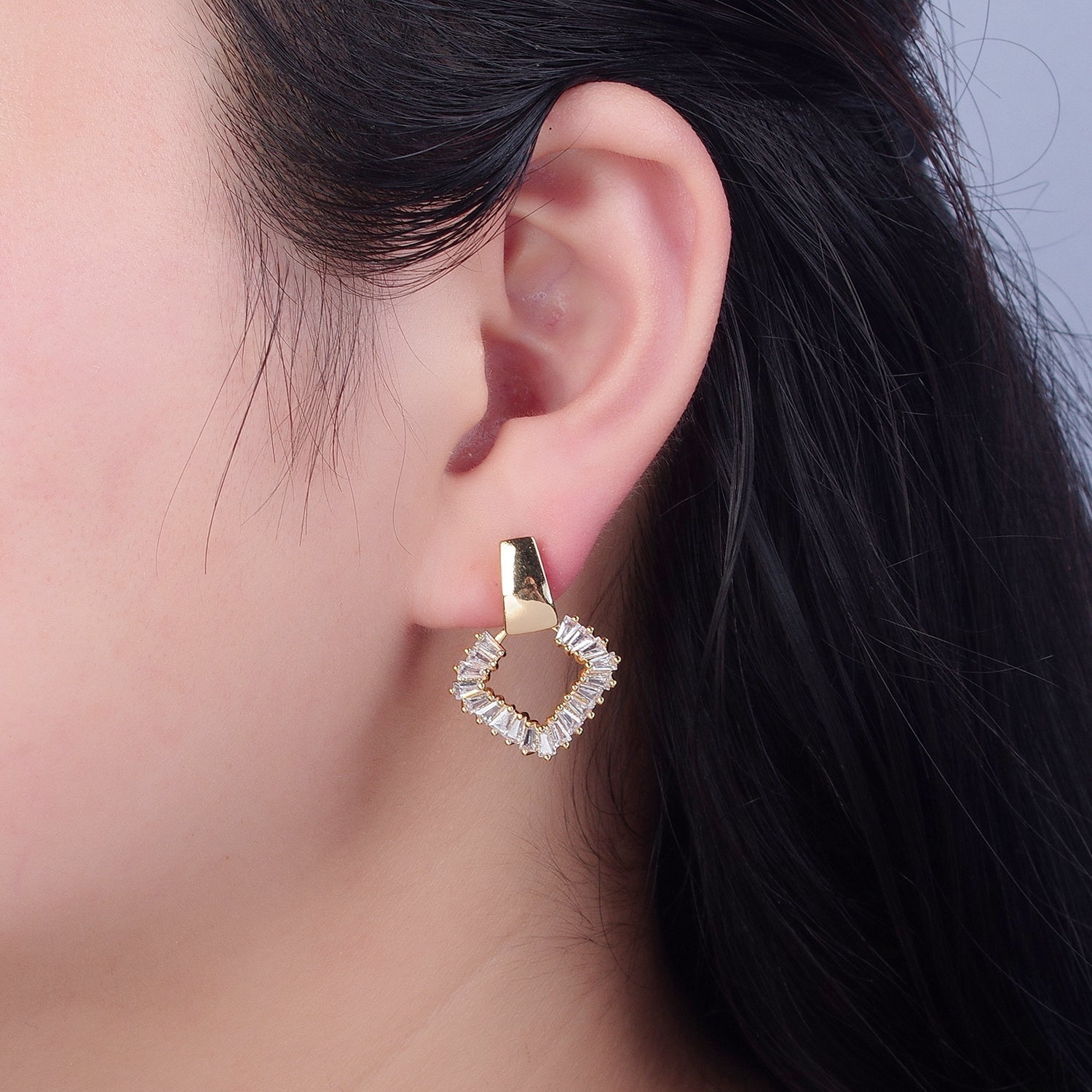Baguette Earrings, Dainty Gold Earrings, Triangle Earrings, Brass CZ Studs, Geometric Stud Earring V-382 - DLUXCA