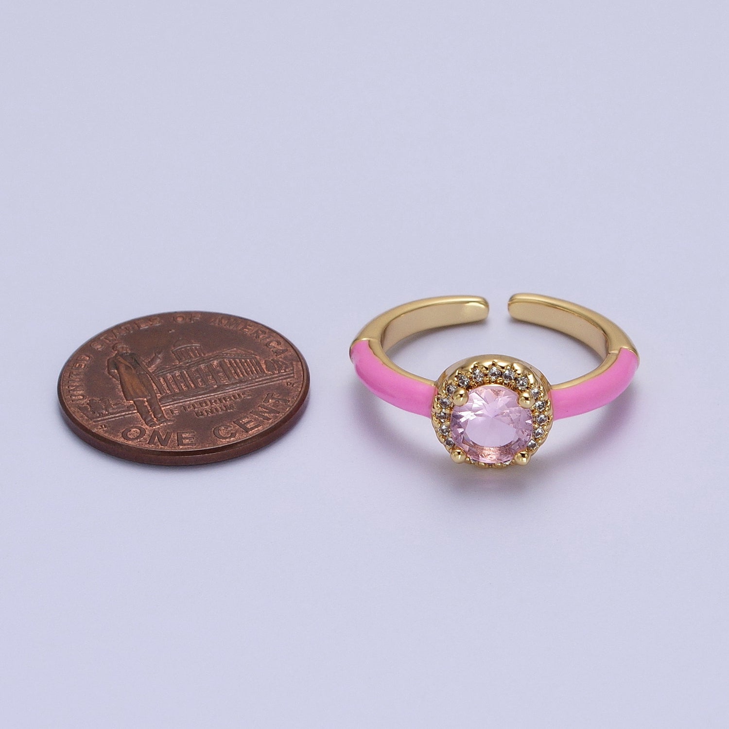 Gold Filled Barbiecore Round Green, White, Pink Micro Paved Enamel Adjustable Ring | Y343 - Y345 - DLUXCA