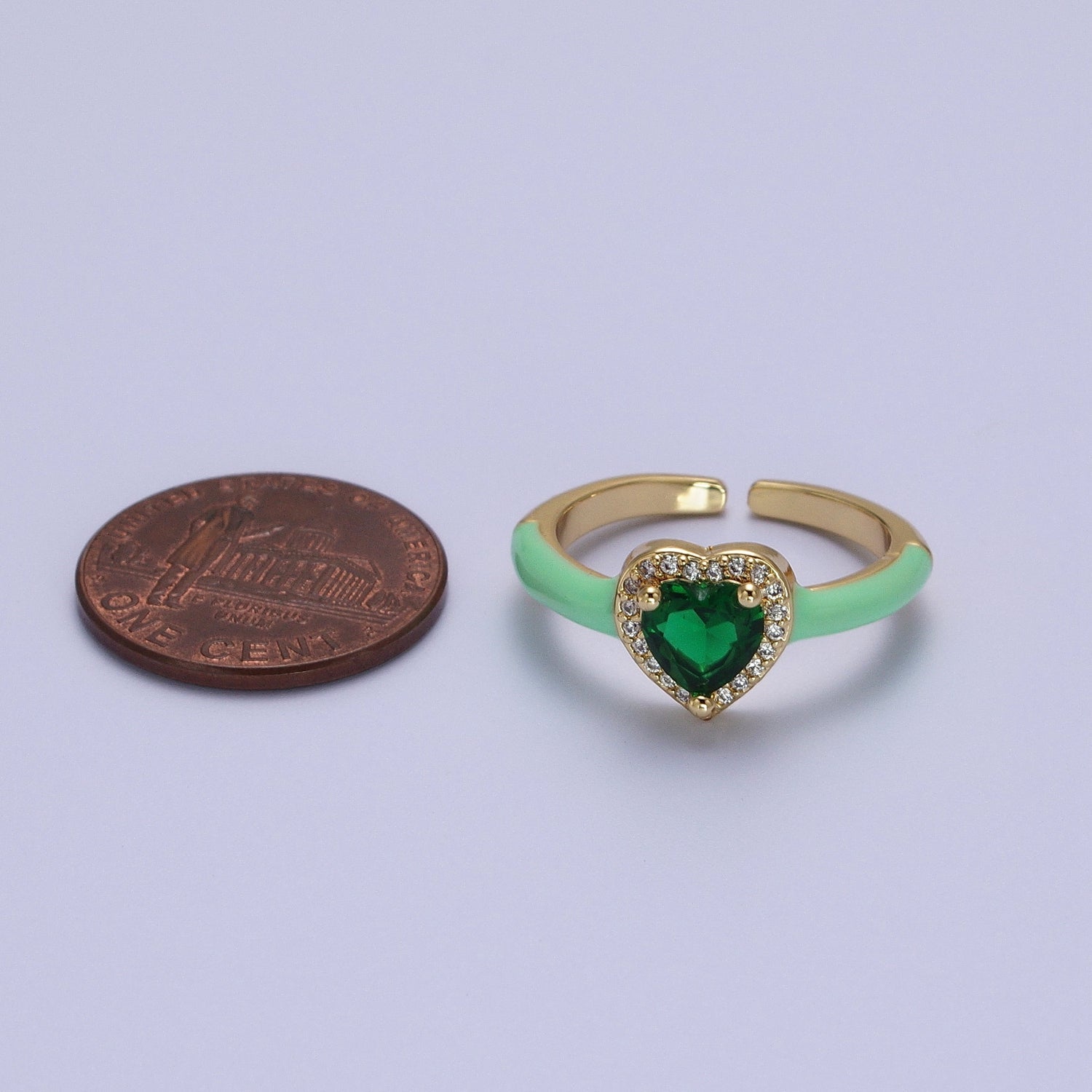 Gold Filled Barbiecore Heart Green, White, Pink Micro Paved Enamel Adjustable Ring | Y346 - Y348 - DLUXCA