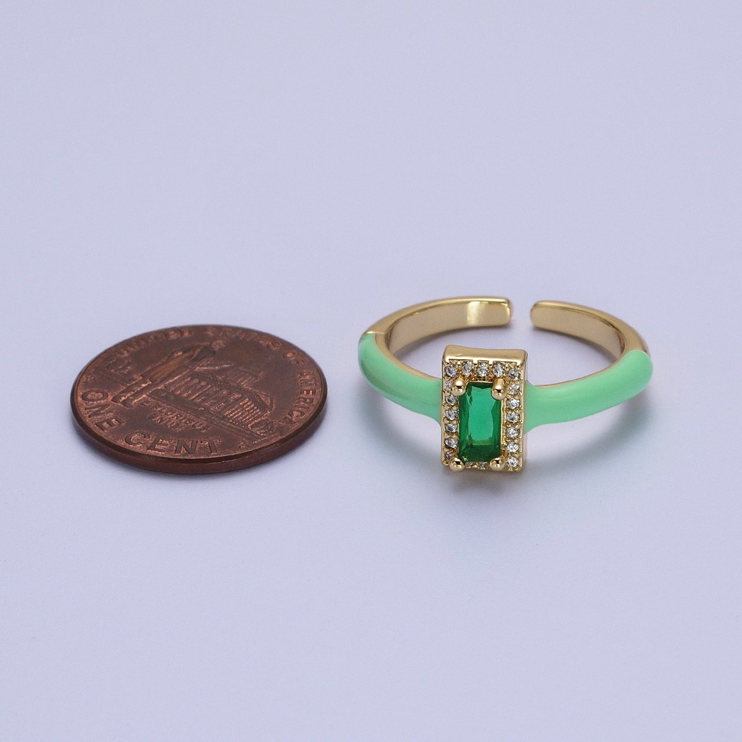 Gold Filled Barbiecore Baguette Green, White, Pink Micro Paved Enamel Adjustable Ring | Y349 - Y351 - DLUXCA