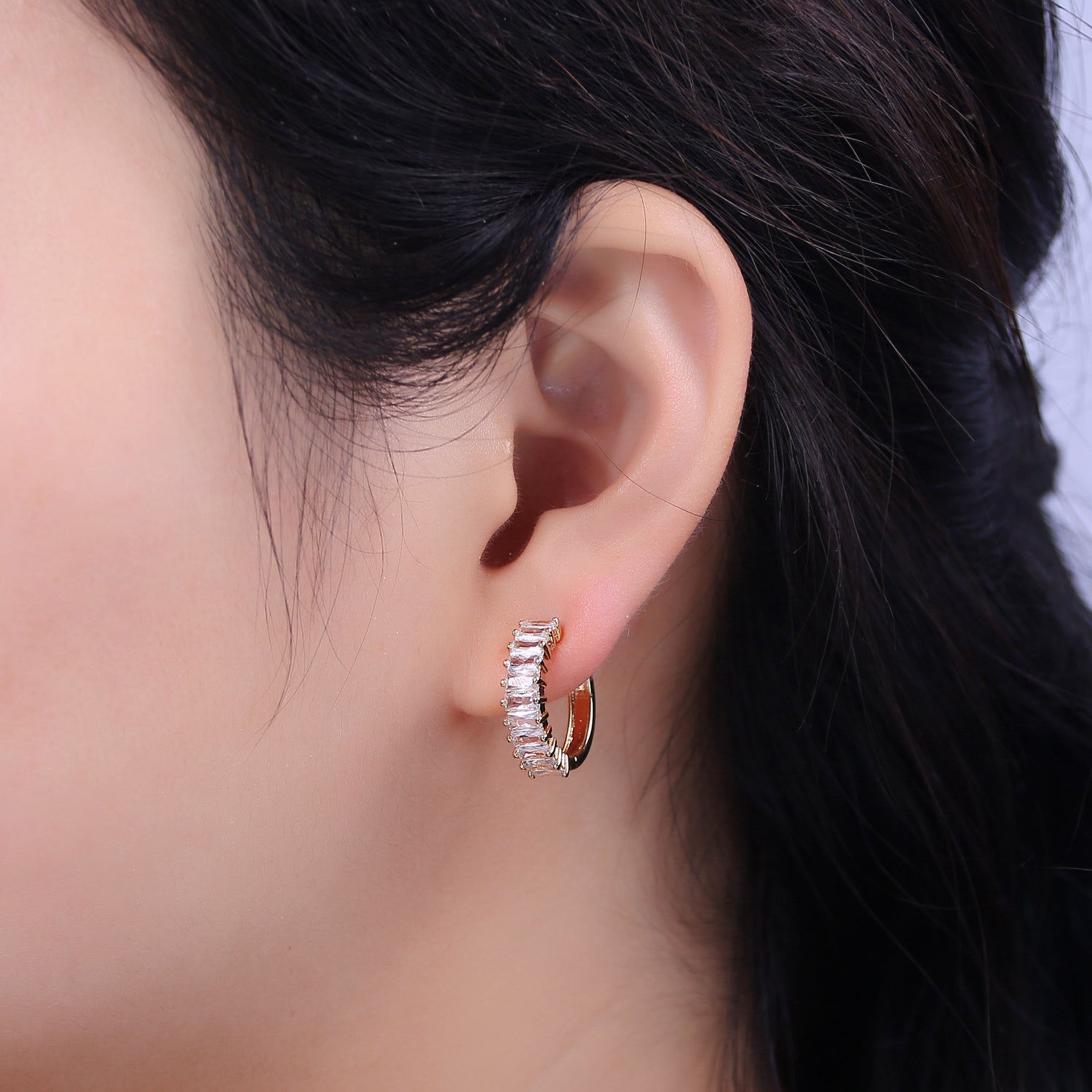 Mini Cz Hoop Earring, Baguette Hoop Earrings, 18k Gold Filled Baguette Huggies Small Hoop T-273 - DLUXCA