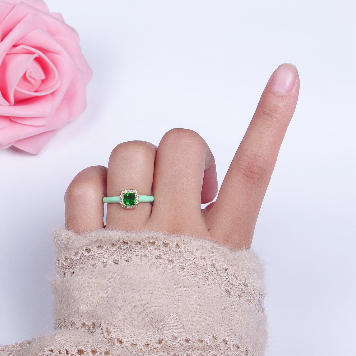 Gold Filled Barbiecore Square Green, White, Pink Micro Paved Enamel Adjustable Ring | Y340 - Y342 - DLUXCA