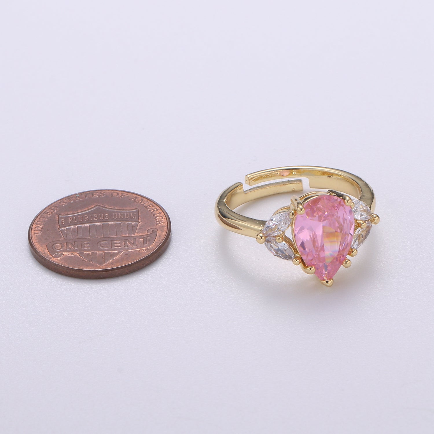 Vintage Teardrop Pink Ring- Adjustable Gold Ring- Engagement Ring- Promise Ring- Pink CZ Ring- Anniversary Birthday Gift For Her O320 - DLUXCA