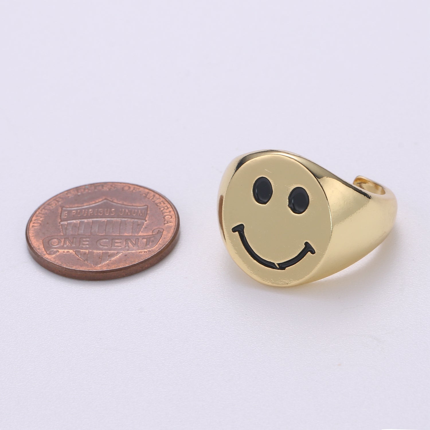 Happy Face Ring , Signet Ring , Smiley Face Ring , 90s Jewelry Gold Enamel Ring , Adjustable Ring , Chunky Bold Open Ring 0319 - DLUXCA