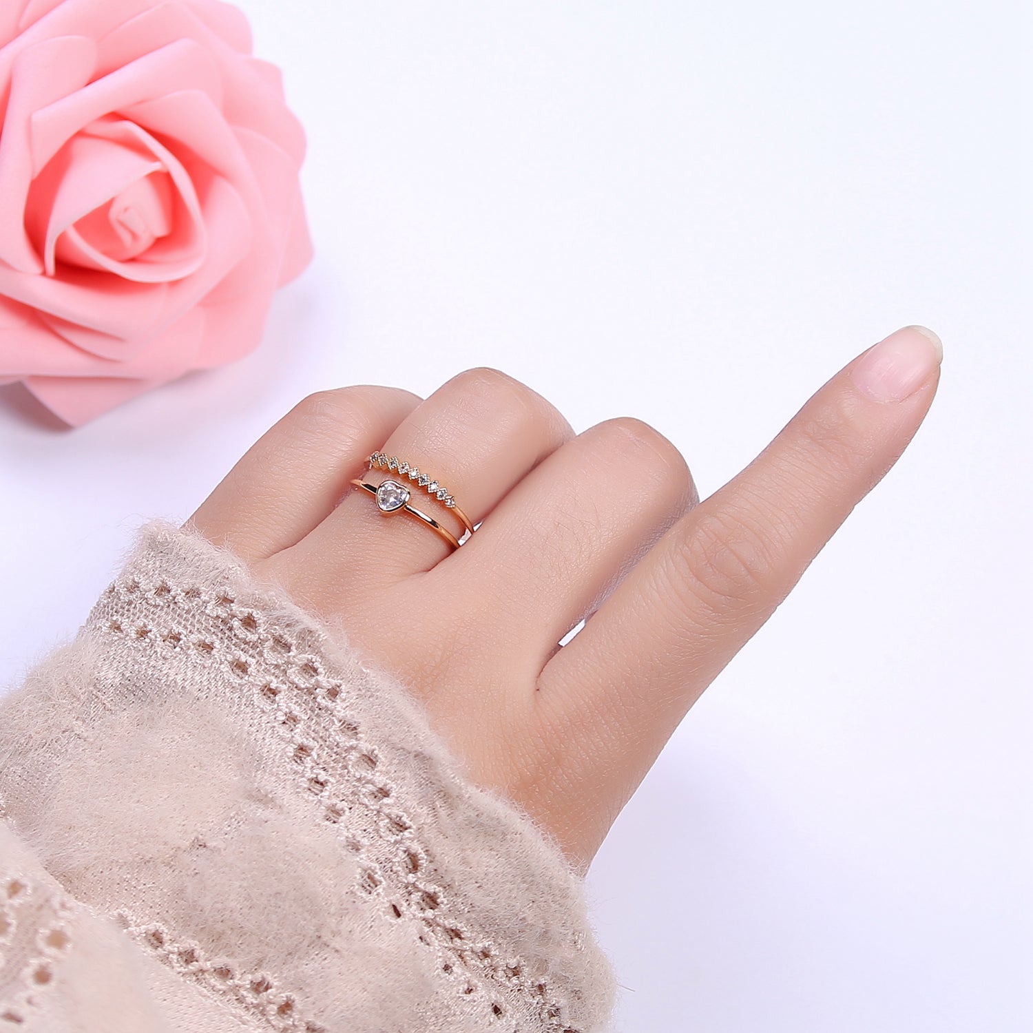 16K Gold Filled Double Band Geometric Square & Heart Crystal Zirconia CZ Promise Ring, Adjustable Ring For Valentine | U337 - DLUXCA