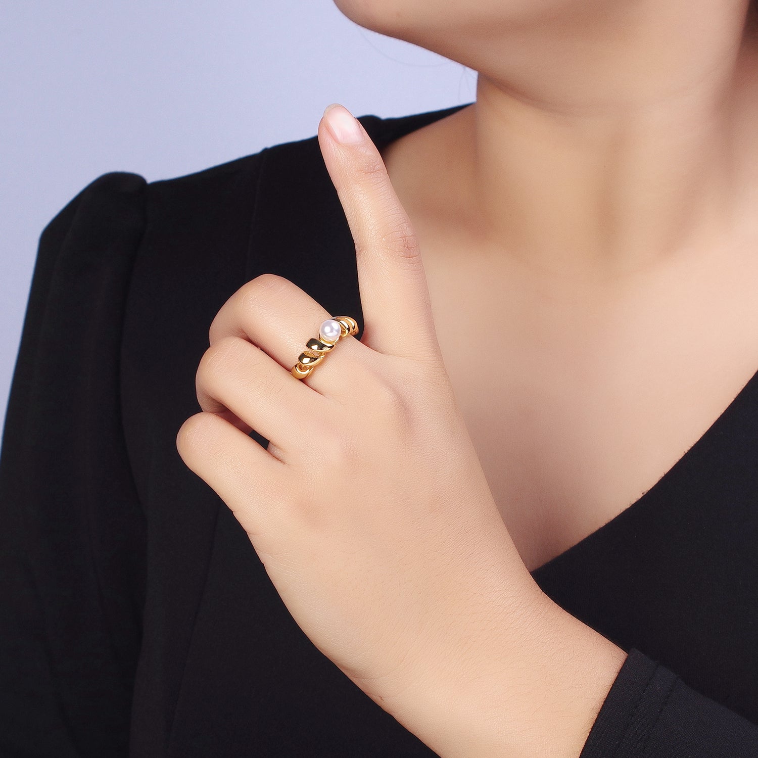 24K Gold Filled Round Pearl Twisted Coil Adjustable Ring in Gold & Silver | Y592 Y593 - DLUXCA