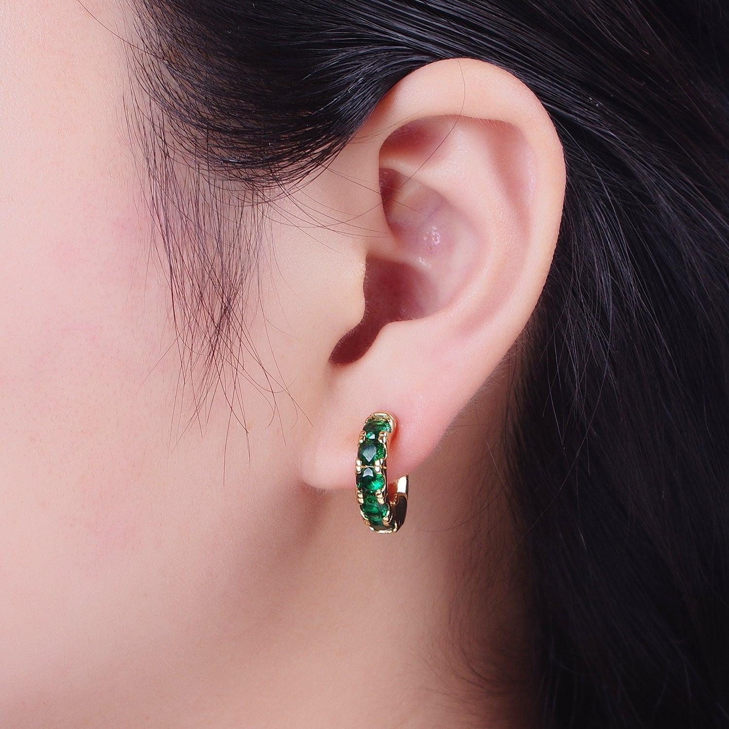 24K Gold Filled Emerald Green Micro Pave Cubic Zirconia 16.5mmx17mm Huggie Hoop Earrings | X855 - DLUXCA
