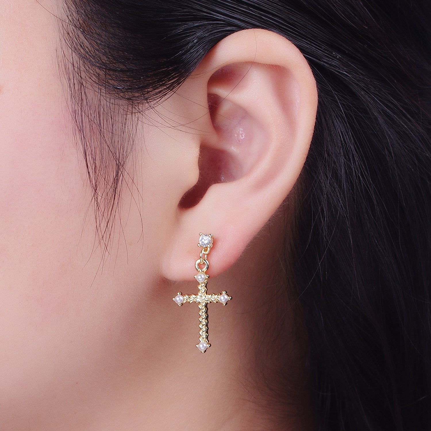 Gold Cross Stud Earring Dangle Cross Earring Charm for Religious Women Jewelry G-044 - DLUXCA