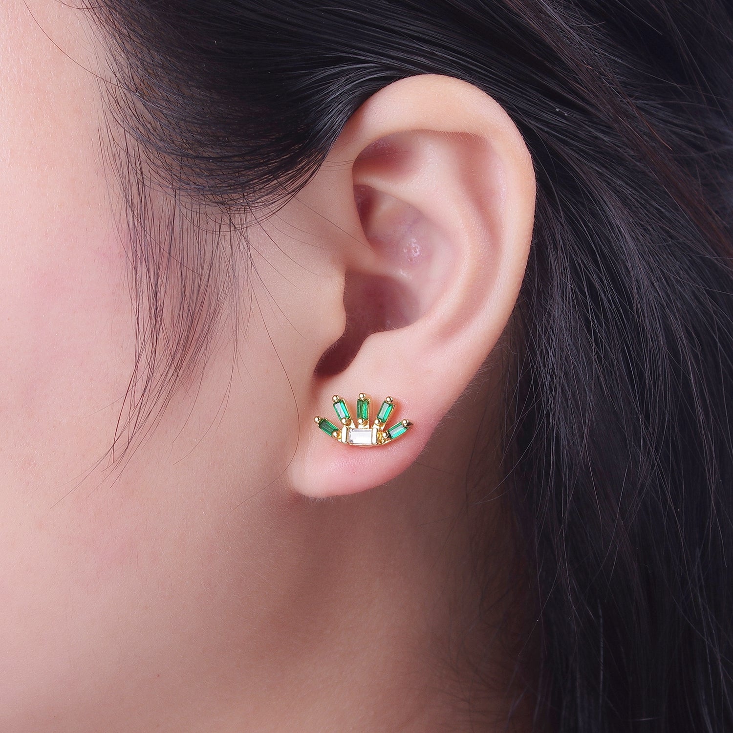 24K Gold Filled Multiple Green & Clear Baguette Cubic Zirconia Plant Flower Stud Earrings X-861 - DLUXCA