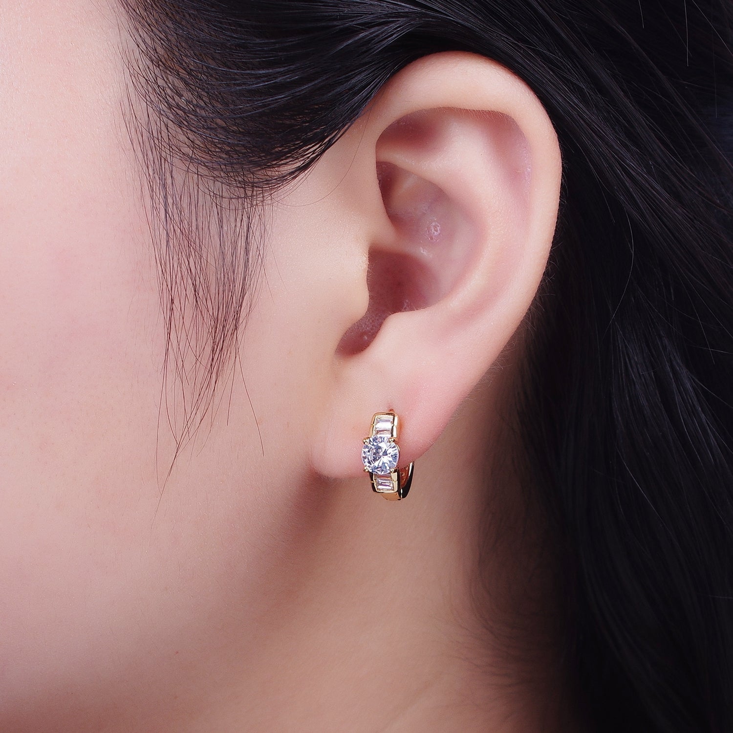 16K Gold Filled Round Cubic Zirconia Baguette Lined Wide Huggie Hoop Earrings | X842 - DLUXCA