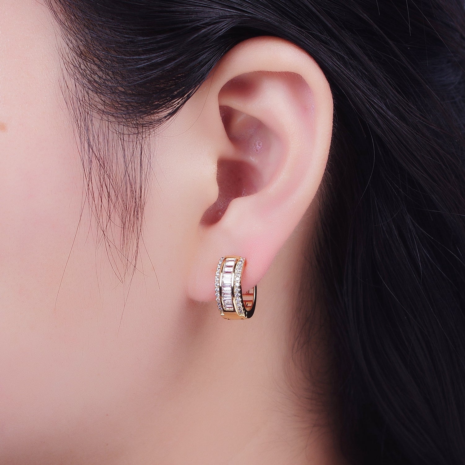 16K Gold Filled Micro Paved Baguette Lined Cubic Zirconia Huggie Hoops Earrings | X844 - DLUXCA