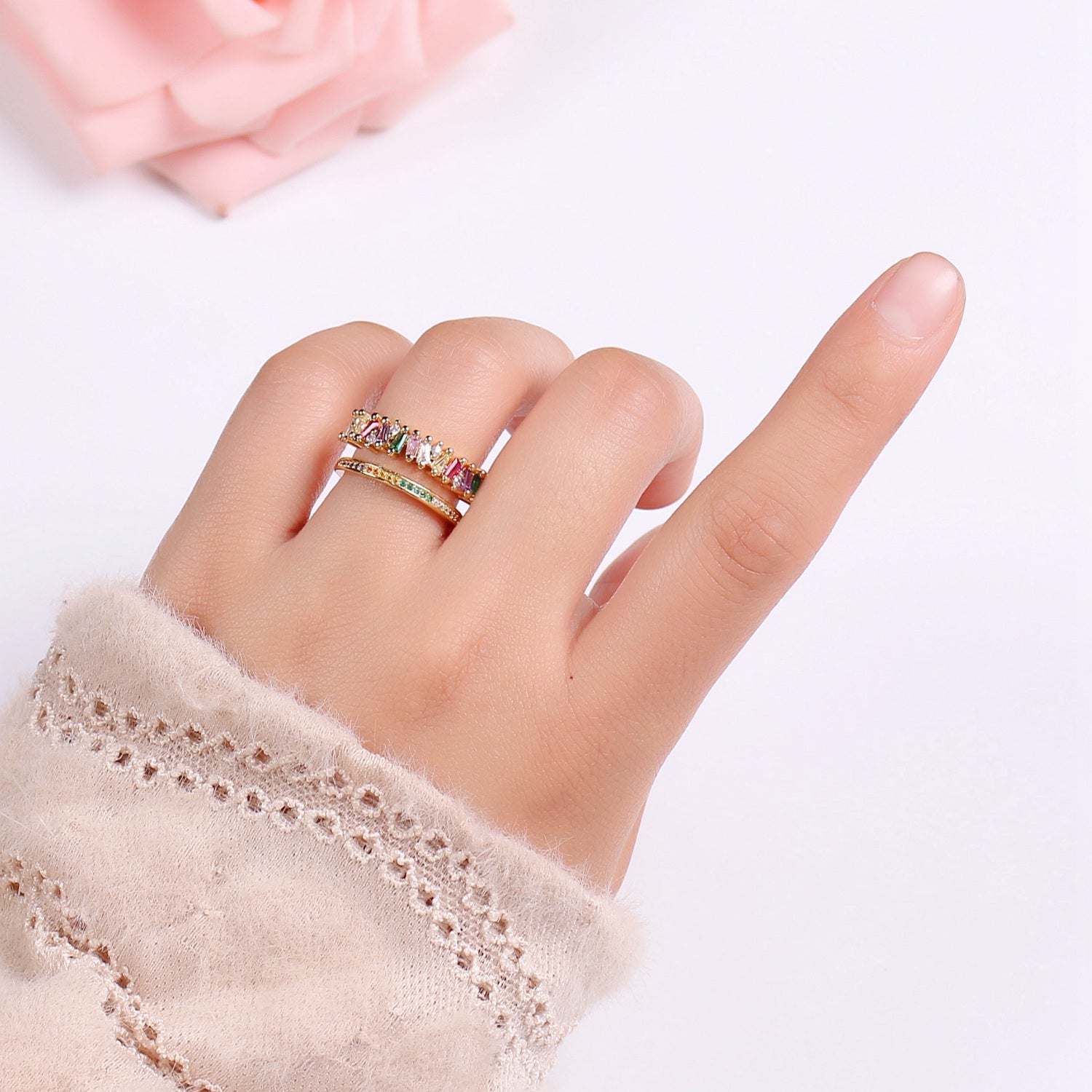 Rainbow Cz Double Baguette Ring, Open Ring Adjustable Ring, Double Band Ring, Wholesale Ring, Gold Jewelry gift for Birthday Ring-447 - DLUXCA