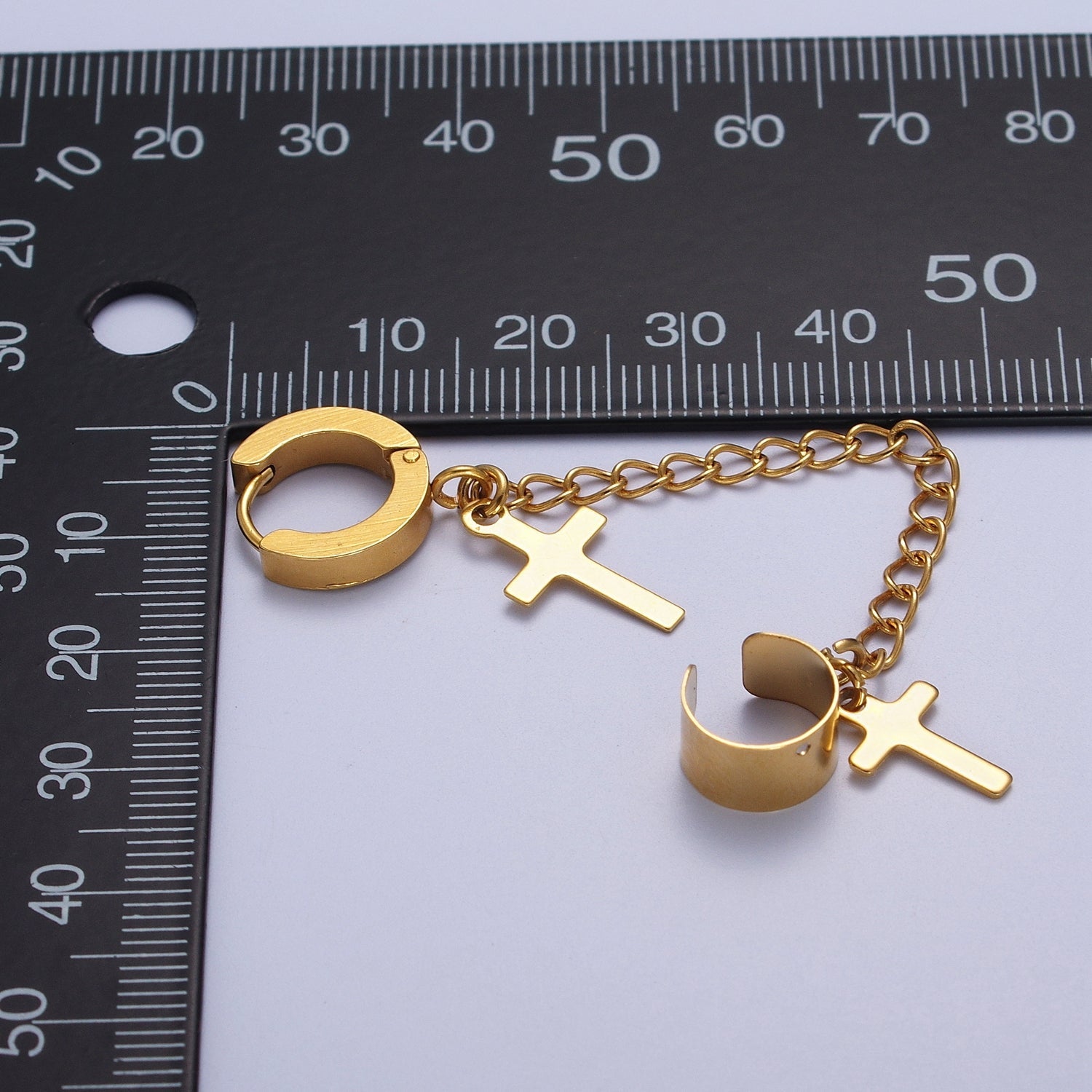 24K Gold Filled Religious Cross Chain Linked Huggie & Ear Cuff | Y175 - DLUXCA