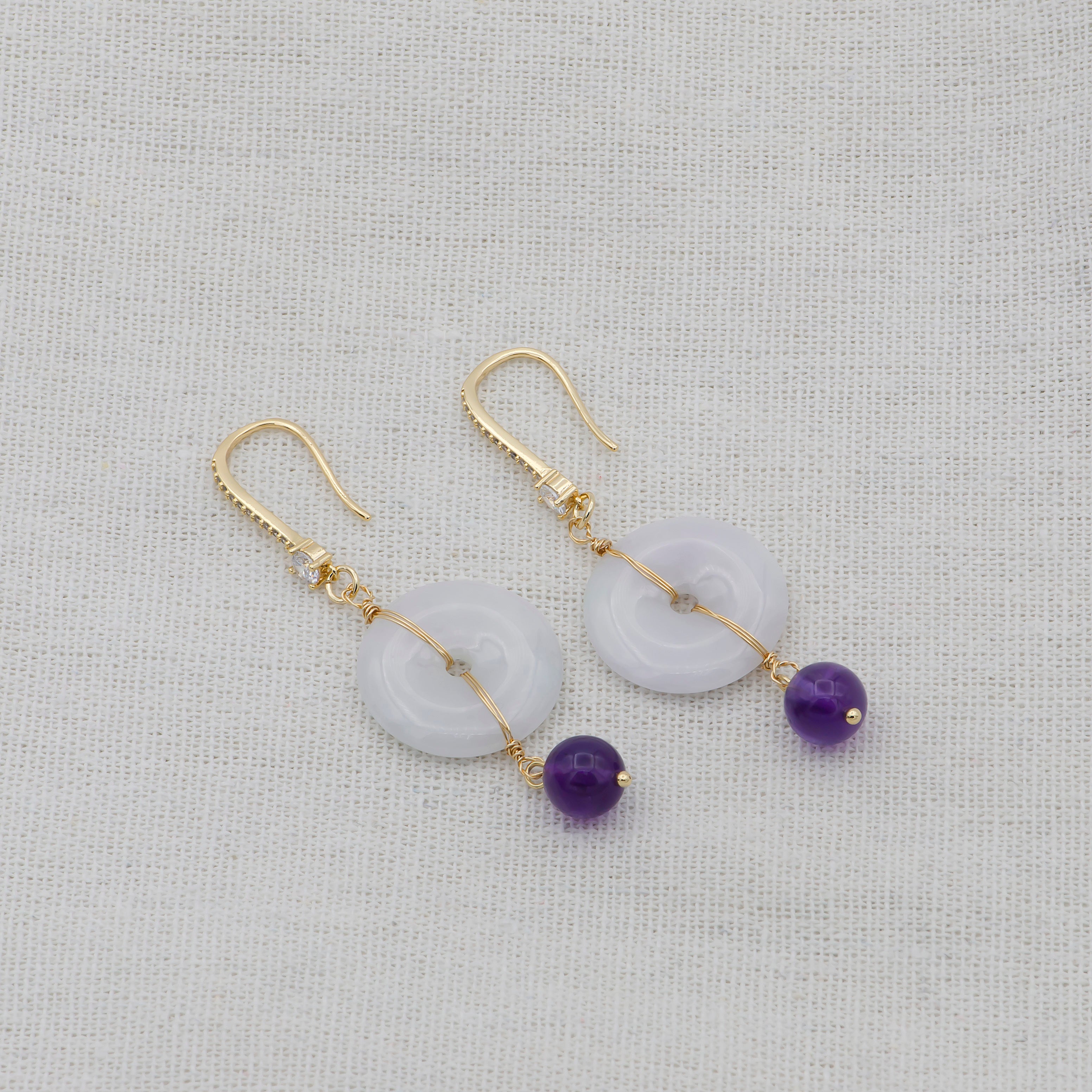 Handmade Natural Round White Jade Purple CZ Drop Micro Paved French Hook Earrings | Leo-533 - DLUXCA