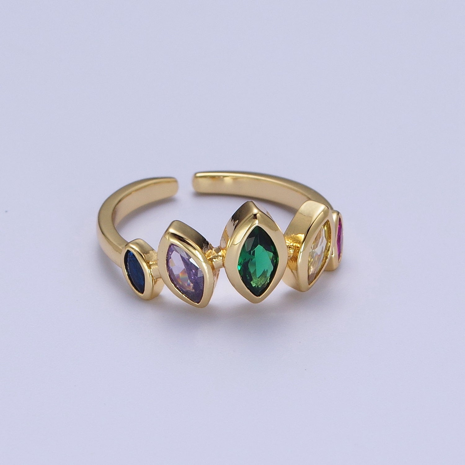 Dainty Gold Multi Color CZ Gemstone Eye Ring Open Adjustable Ring O-122 - DLUXCA