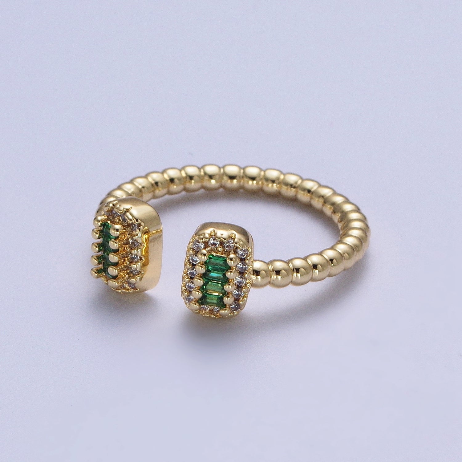 24K Gold Filled Beaded Micro Paved Double Bar Clear Fuchsia Green Baguette Cubic Zirconia Ring | O135 O191 O211 - DLUXCA