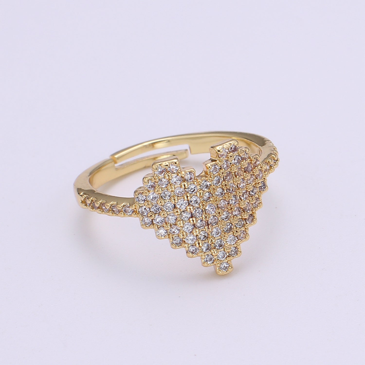 Adjustable 24k Gold Heart Ring, CZ Pave Adjustable Ring for stacking jewelry - DLUXCA