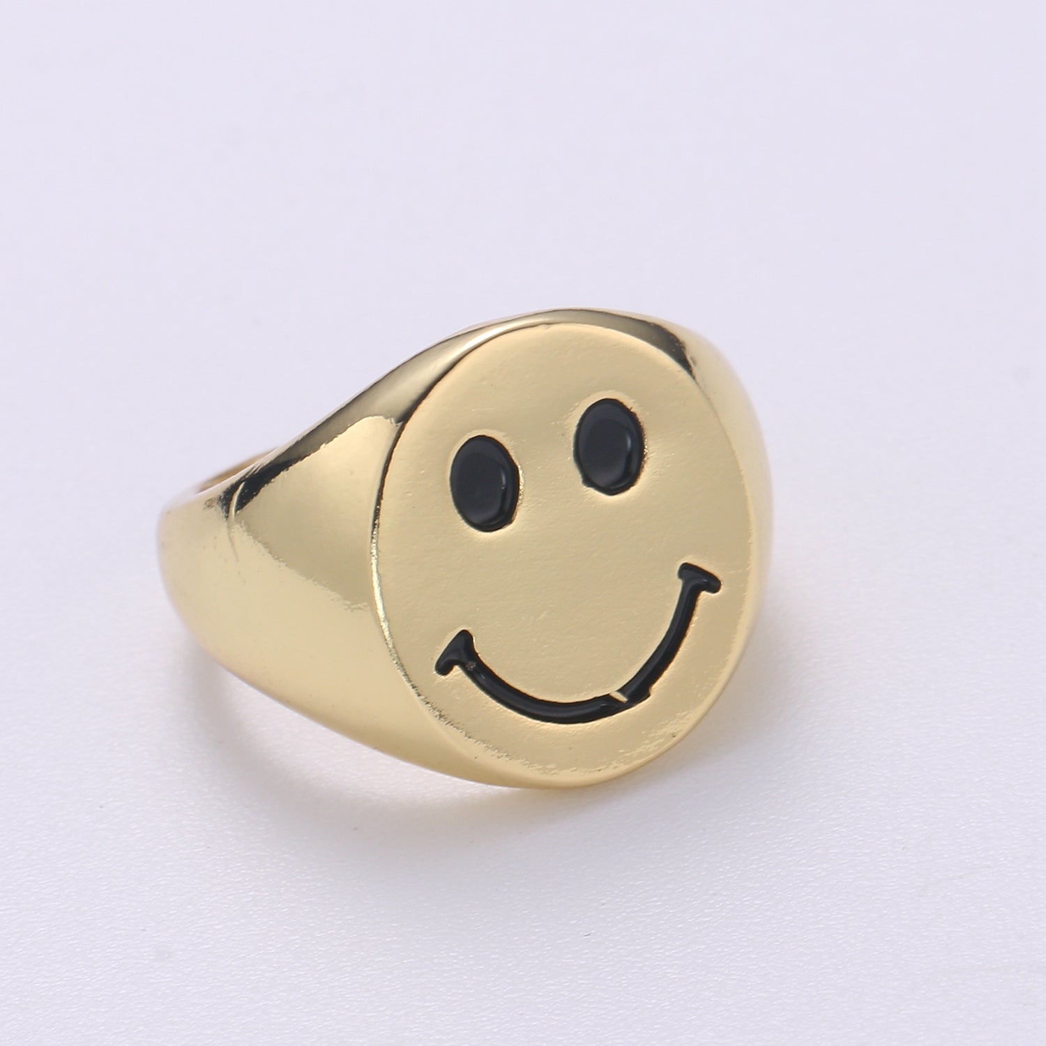 Happy Face Ring , Signet Ring , Smiley Face Ring , 90s Jewelry Gold Enamel Ring , Adjustable Ring , Chunky Bold Open Ring 0319 - DLUXCA