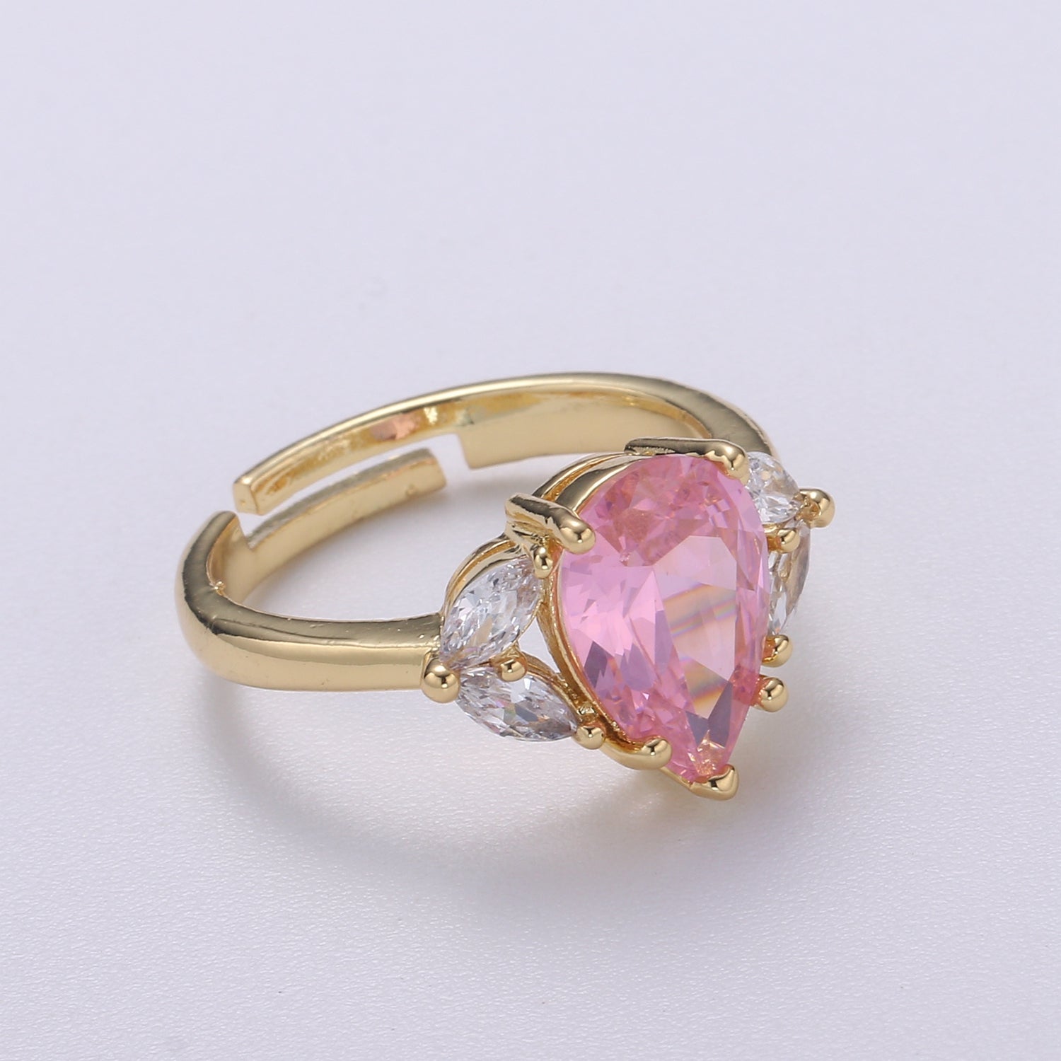 Vintage Teardrop Pink Ring- Adjustable Gold Ring- Engagement Ring- Promise Ring- Pink CZ Ring- Anniversary Birthday Gift For Her O320 - DLUXCA