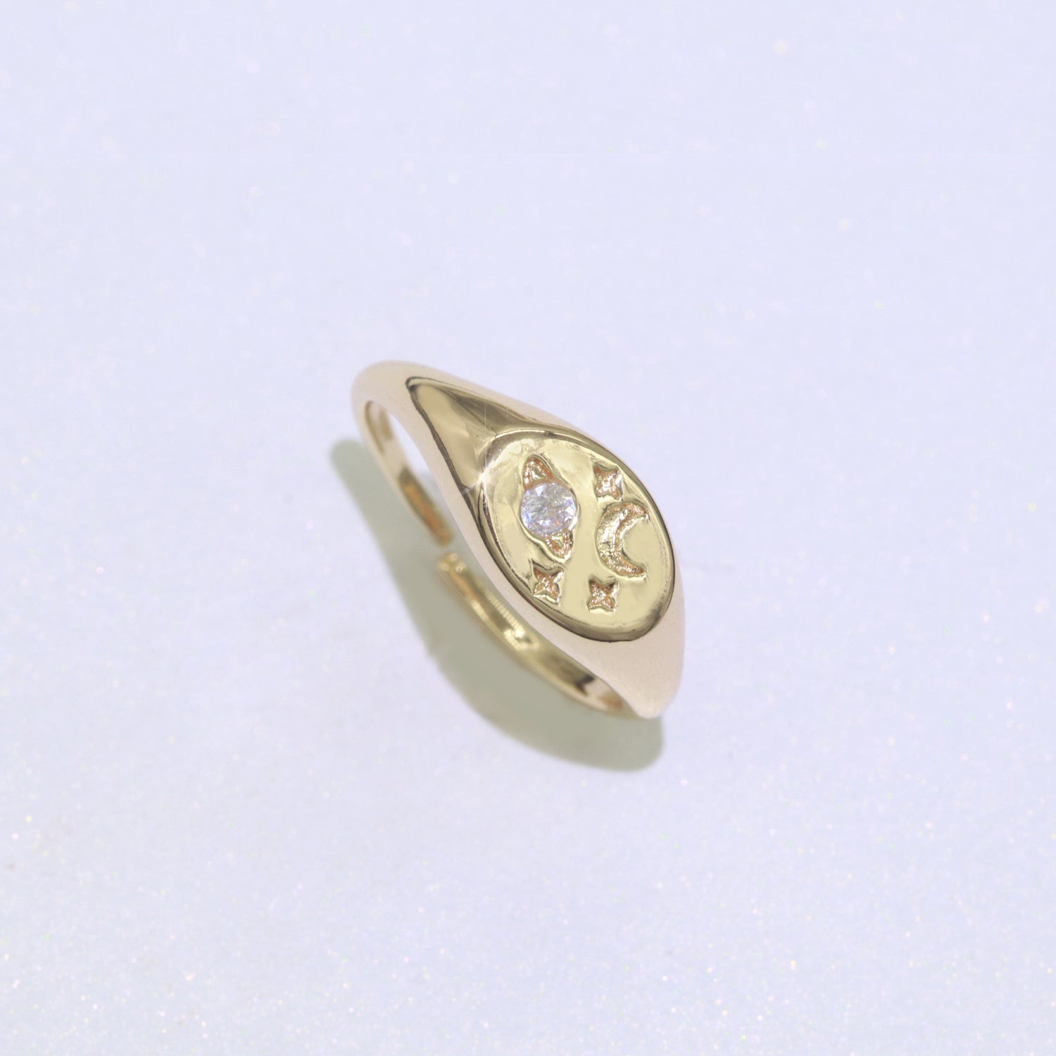 Moon Star CZ Paved Starburst Constellation Star Signet Ring, Minimalist Signet Polaris Ring, Celestial Ring, - DLUXCA