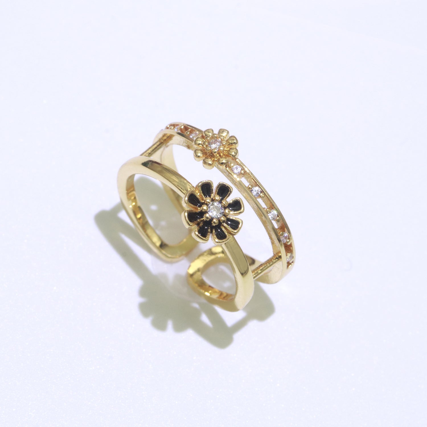 Gold Filled Double band Daisy Ring Enamel Open Adjustable Ring Flower Floral Jewelry - DLUXCA