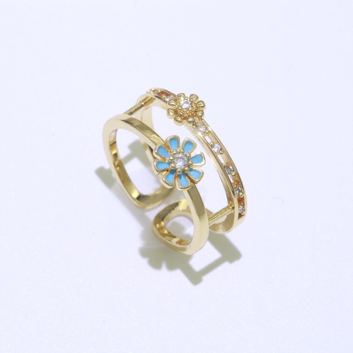 Gold Filled Double band Daisy Ring Enamel Open Adjustable Ring Flower Floral Jewelry - DLUXCA