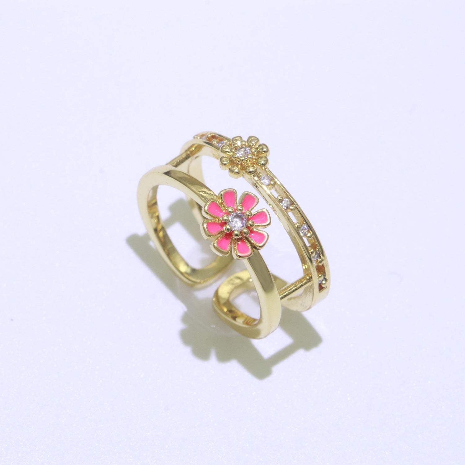 Gold Filled Double band Daisy Ring Enamel Open Adjustable Ring Flower Floral Jewelry - DLUXCA