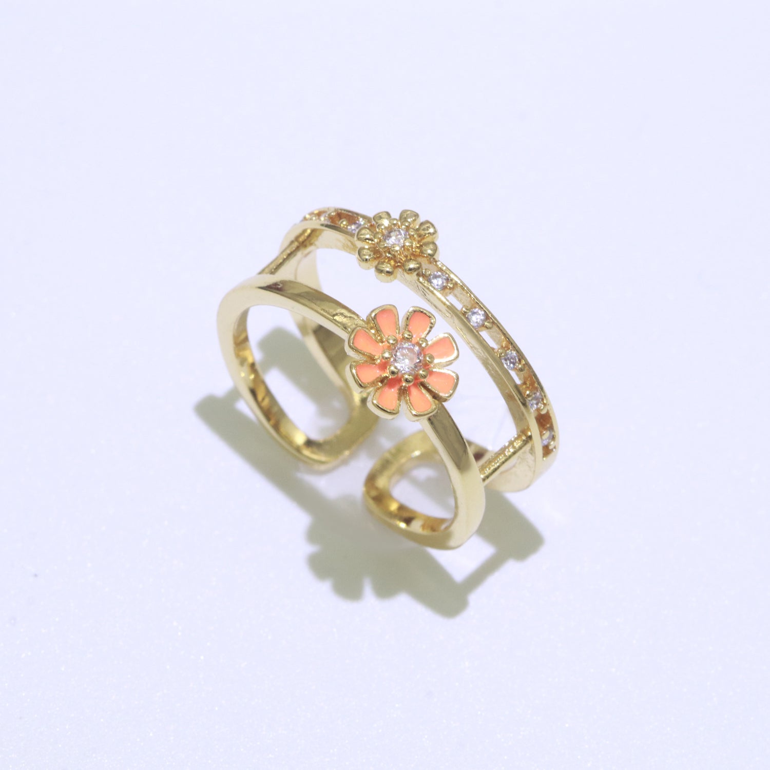 Gold Filled Double band Daisy Ring Enamel Open Adjustable Ring Flower Floral Jewelry - DLUXCA