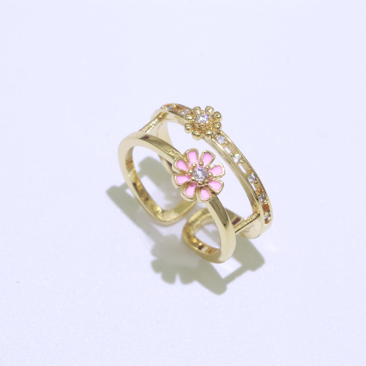 Gold Filled Double band Daisy Ring Enamel Open Adjustable Ring Flower Floral Jewelry - DLUXCA