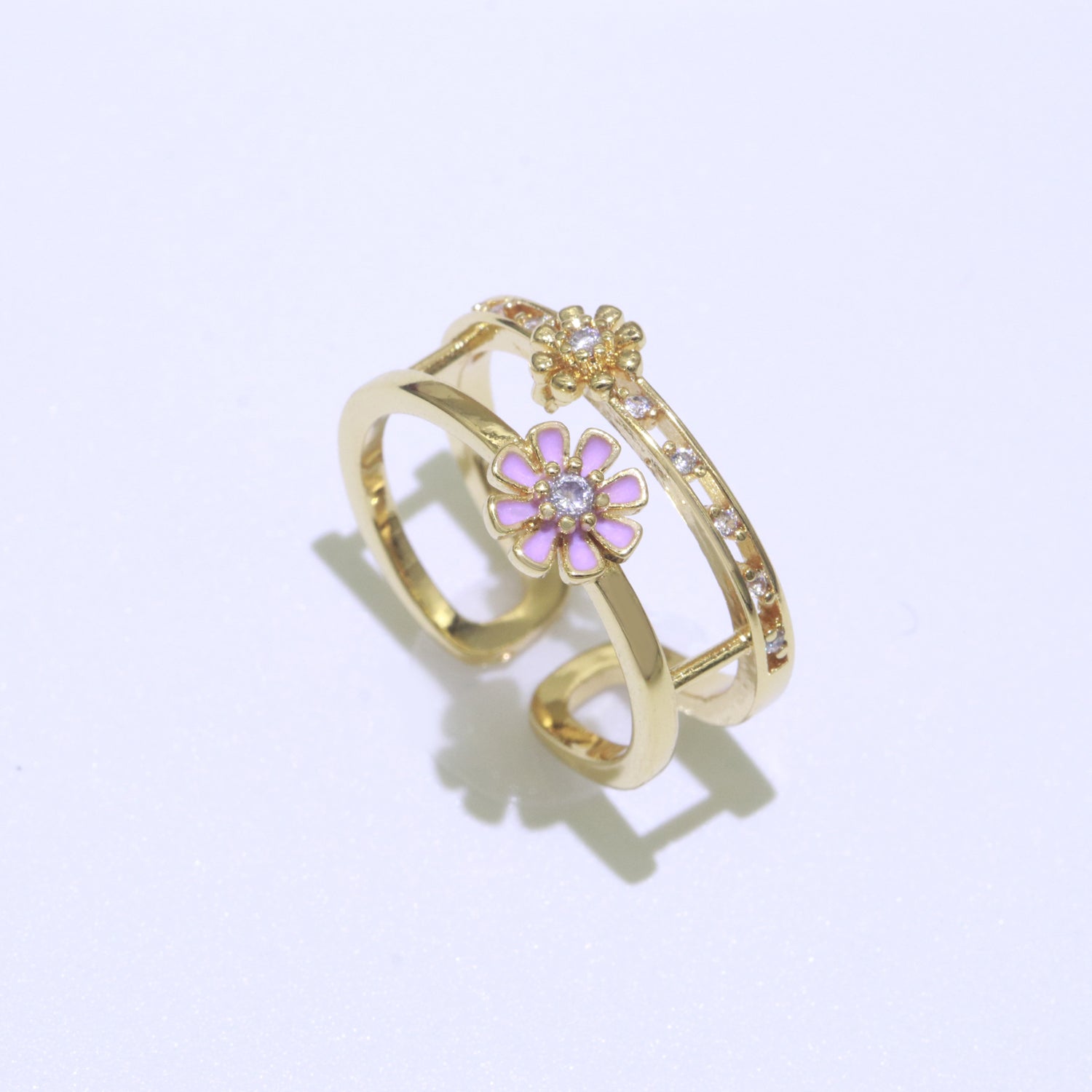 Gold Filled Double band Daisy Ring Enamel Open Adjustable Ring Flower Floral Jewelry - DLUXCA