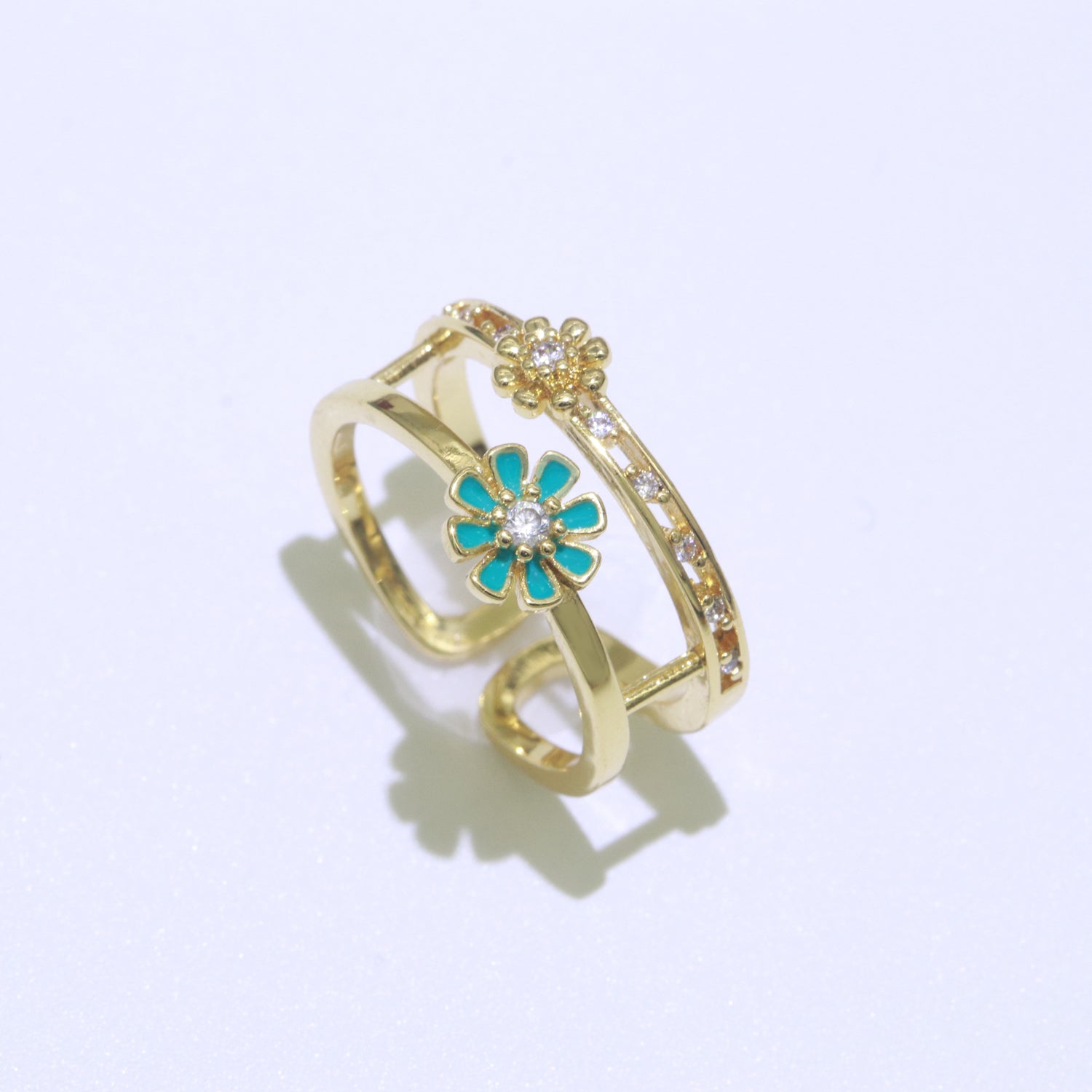 Gold Filled Double band Daisy Ring Enamel Open Adjustable Ring Flower Floral Jewelry - DLUXCA