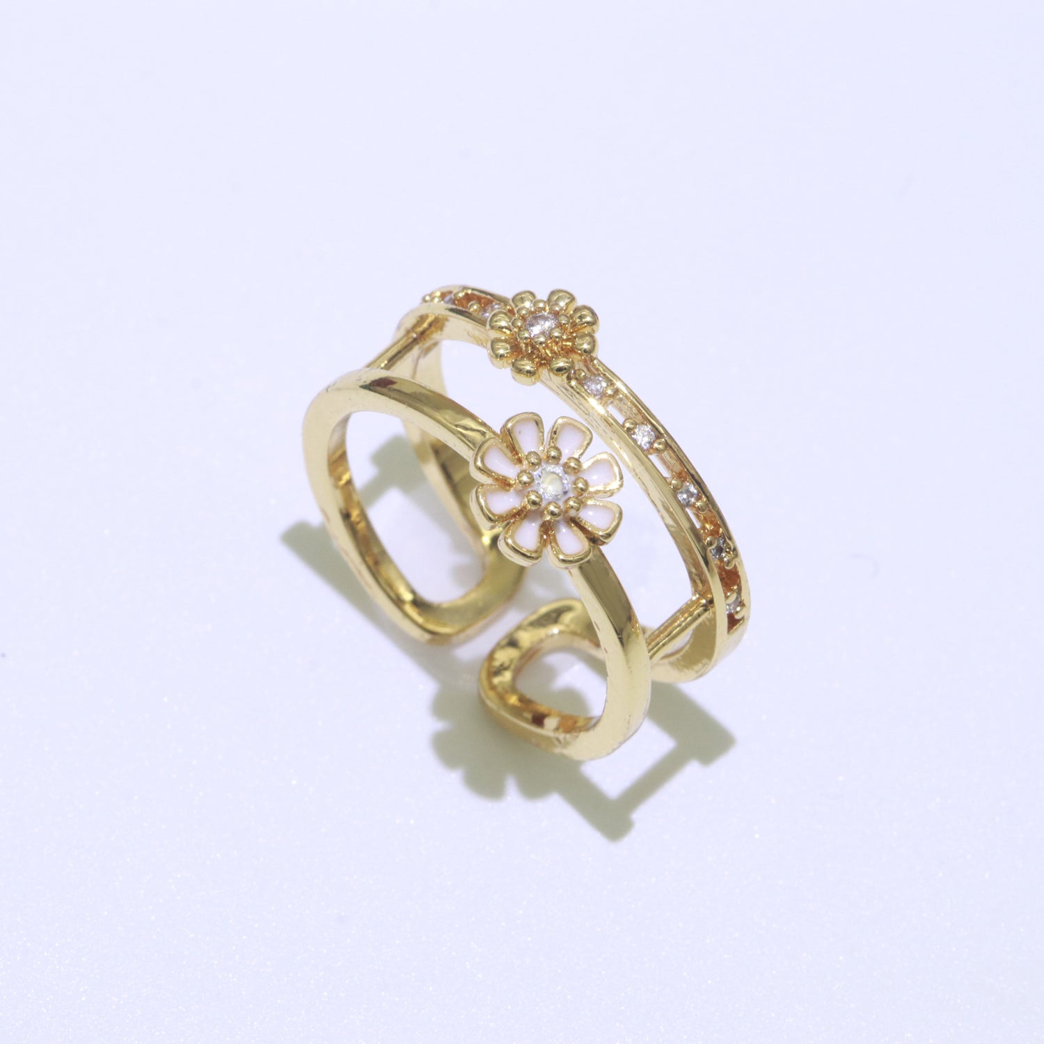 Gold Filled Double band Daisy Ring Enamel Open Adjustable Ring Flower Floral Jewelry - DLUXCA