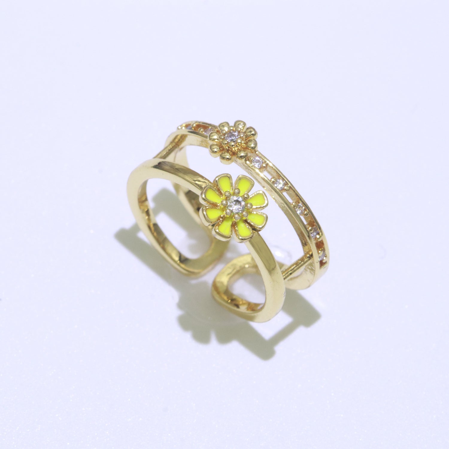 Gold Filled Double band Daisy Ring Enamel Open Adjustable Ring Flower Floral Jewelry - DLUXCA