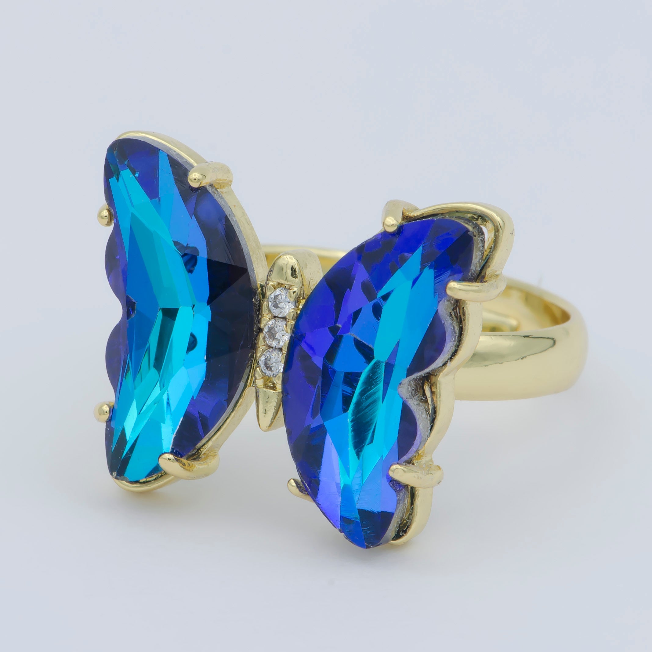 Arcylic Butterfly Ring, Mariposa Ring, Adjustable Gold Open Ring Dark Blue Cz Ring - DLUXCA