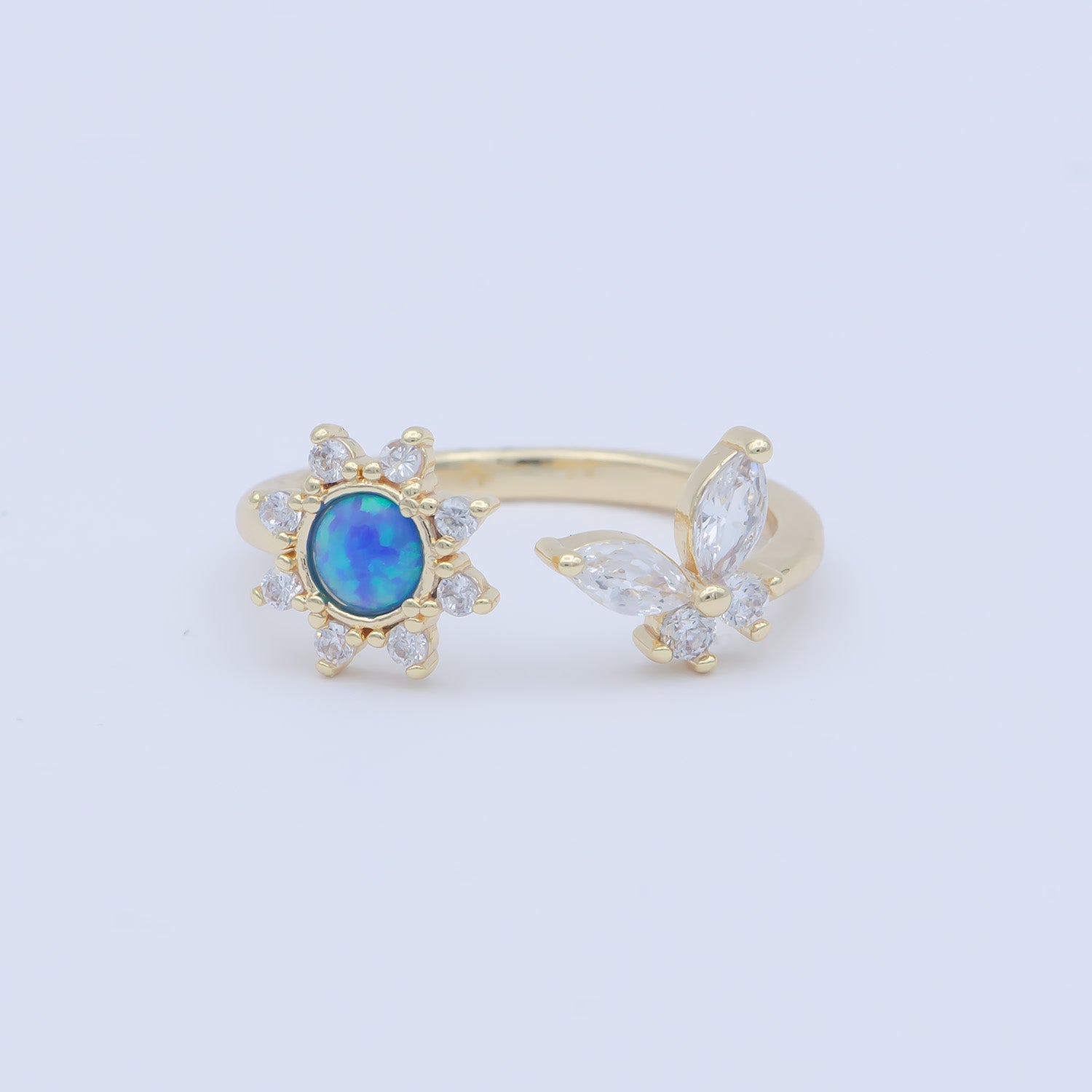 Dainty Opal Butterfly Ring Blue Clear Opal Mini Gold Filled Adjustable Ring - O482 - DLUXCA