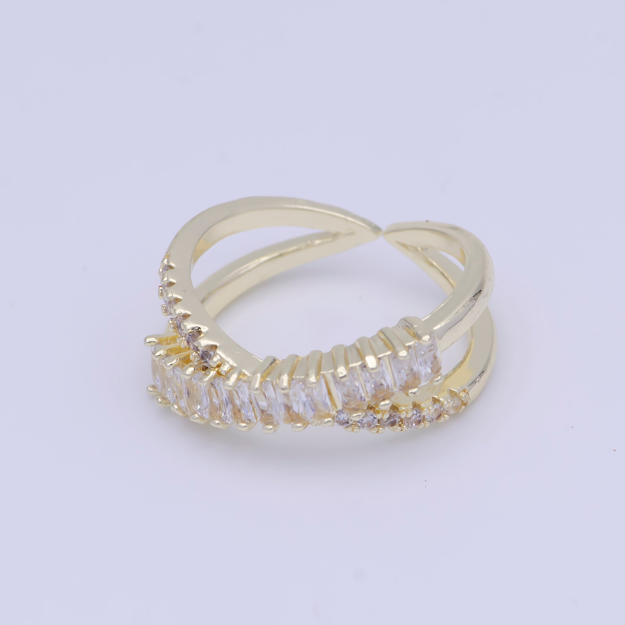 Clear Baguette Micro Paved Crossed Double Band Gold Ring | O483 - DLUXCA