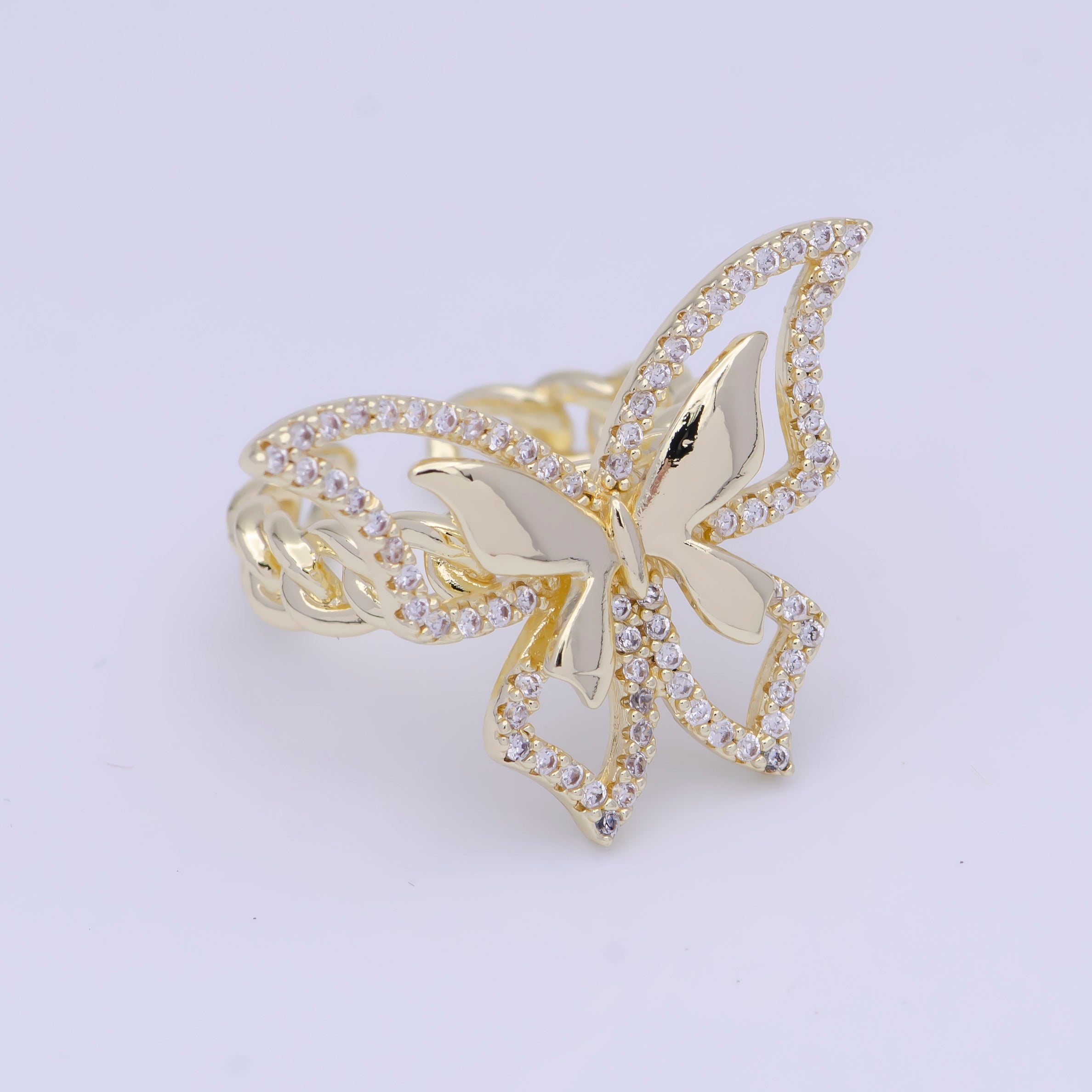 Micro Paved CZ Double Butterfly Mariposa Wings Statement Gold Curb Chain Ring | O492 - DLUXCA