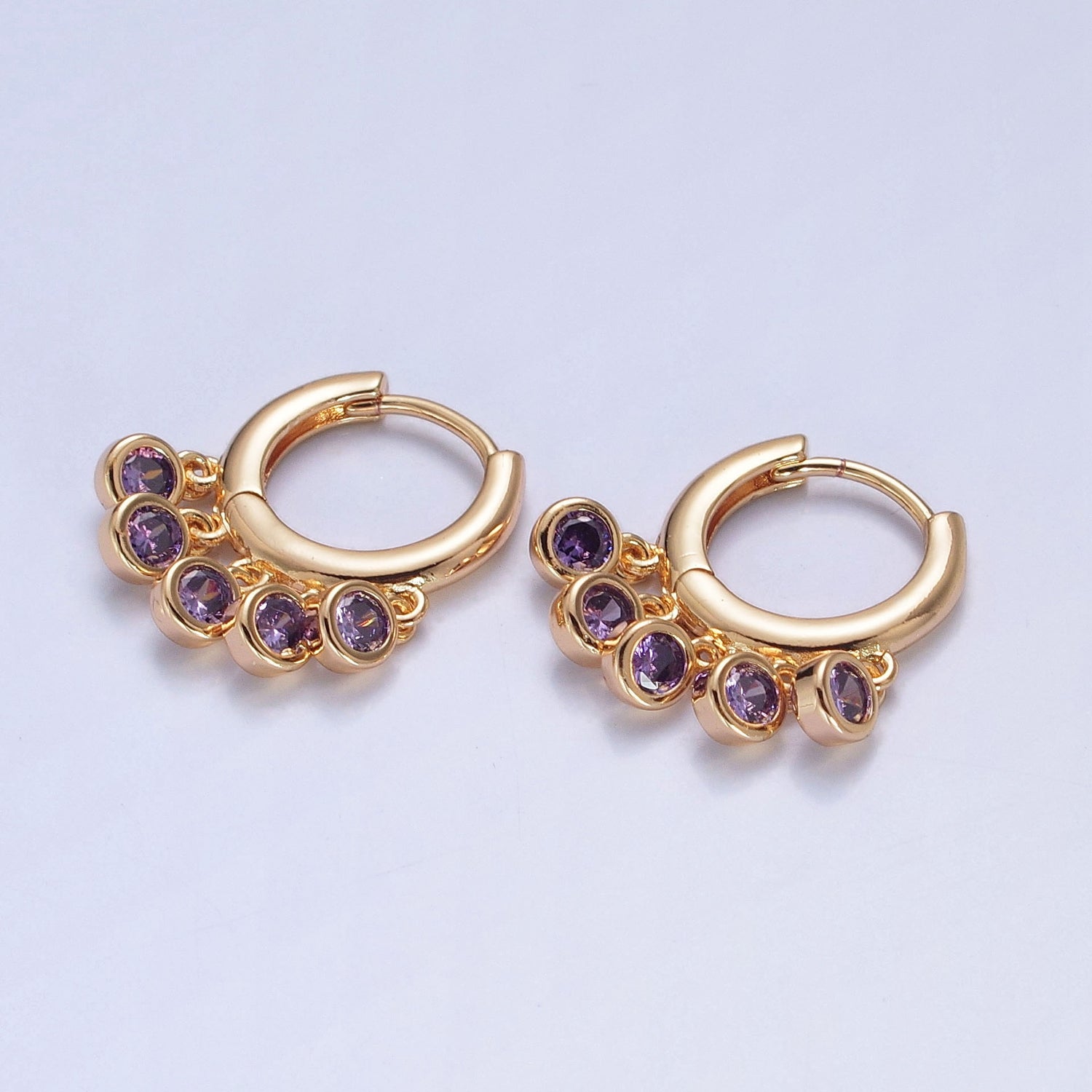 16K Gold Filled Five Round Cubic Zirconia CZ Charm Dangle Huggie Hoop Earrings P155, P156, W775-W780 - DLUXCA