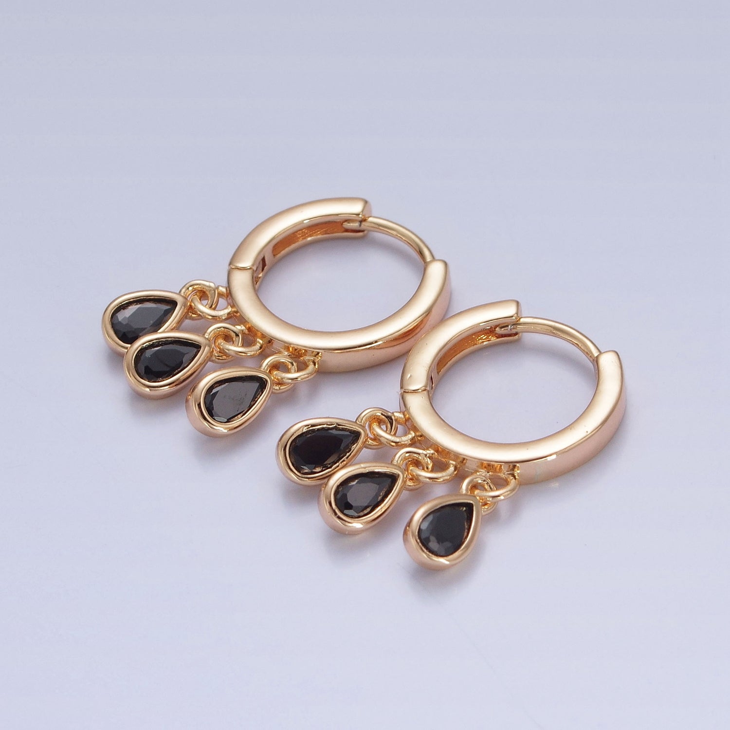 16K Gold Filled Multicolor Teardrop Cubic Zirconia Three Charm Dangle Huggie Hoop Earrings P165-P171 - DLUXCA
