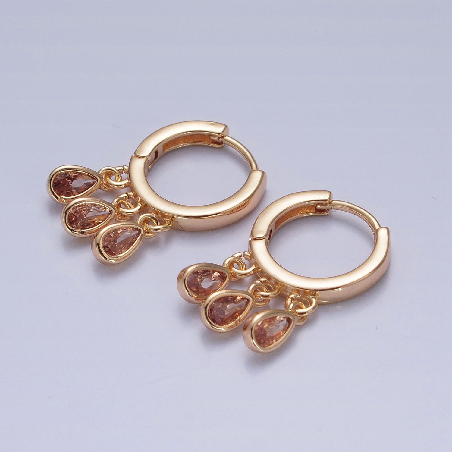 16K Gold Filled Multicolor Teardrop Cubic Zirconia Three Charm Dangle Huggie Hoop Earrings P165-P171 - DLUXCA