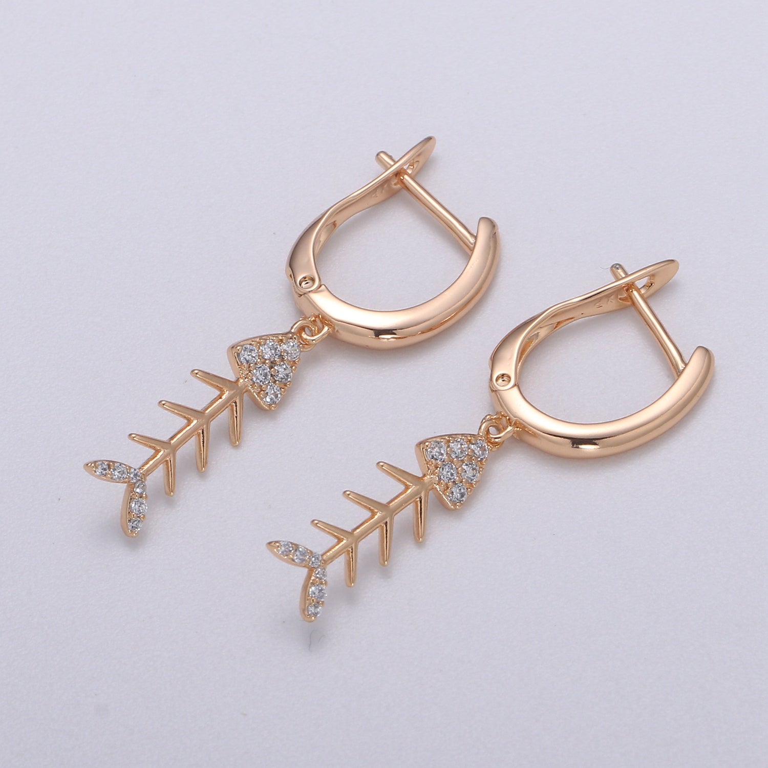 Gold fish bone hoop earring endless hoops huggies dangle earring simple earrings everyday gift for her - DLUXCA