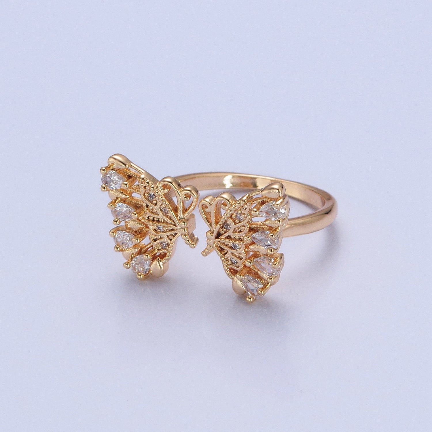 18k Gold Filled Dainty Butterfly Ring, Gold Pave Butterfly Ring, Delicate Butterfly Open Ring Adjustable Ring Big Butterfly Ring P-275 - DLUXCA