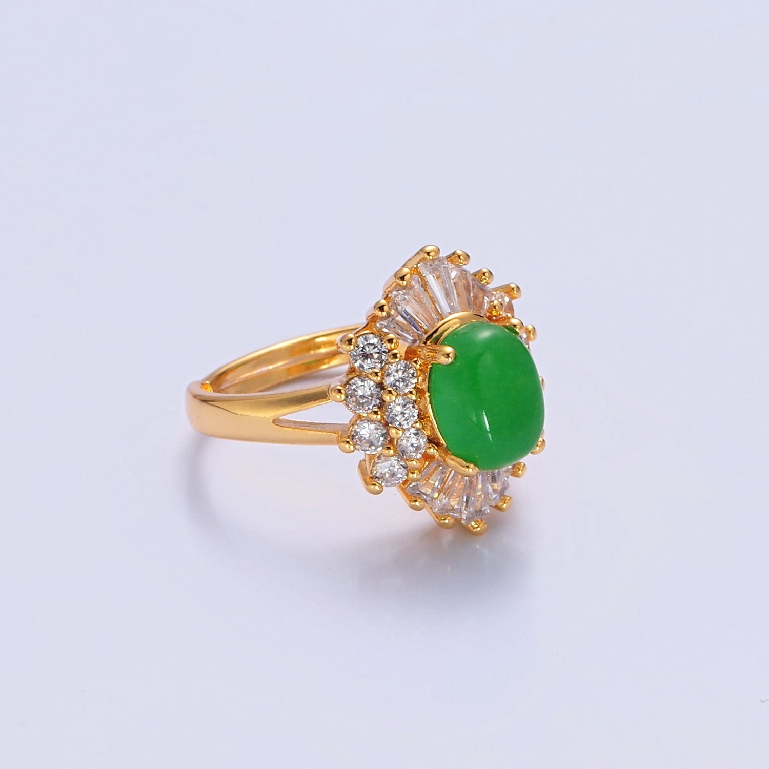 24K Gold Filled Green Jade Sunburst Baguette Round CZ Statement Ring P305 - DLUXCA