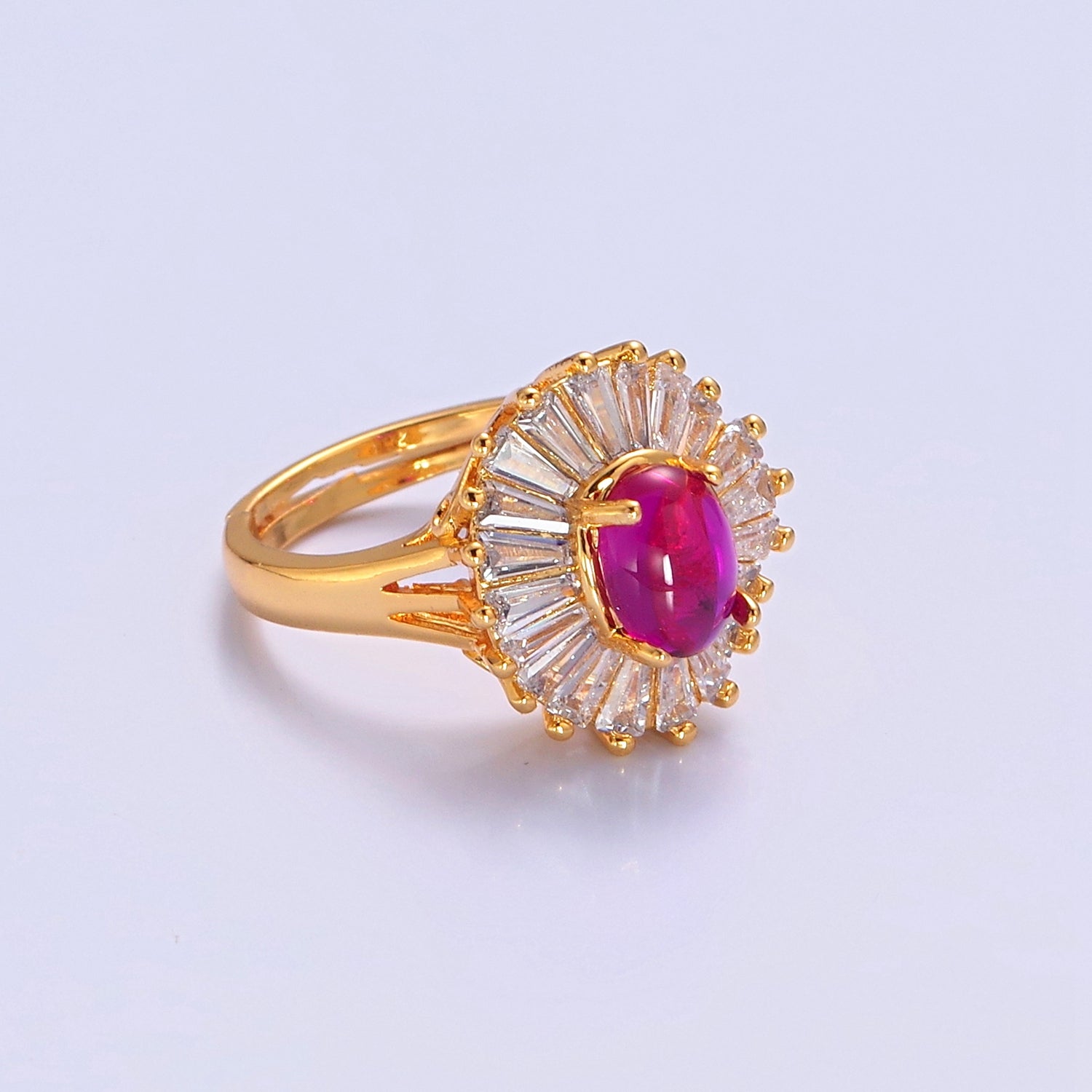 24K Gold Filled Fuchsia Pink Jade Ring, Round Baguette CZ Zirconia P-306 - DLUXCA