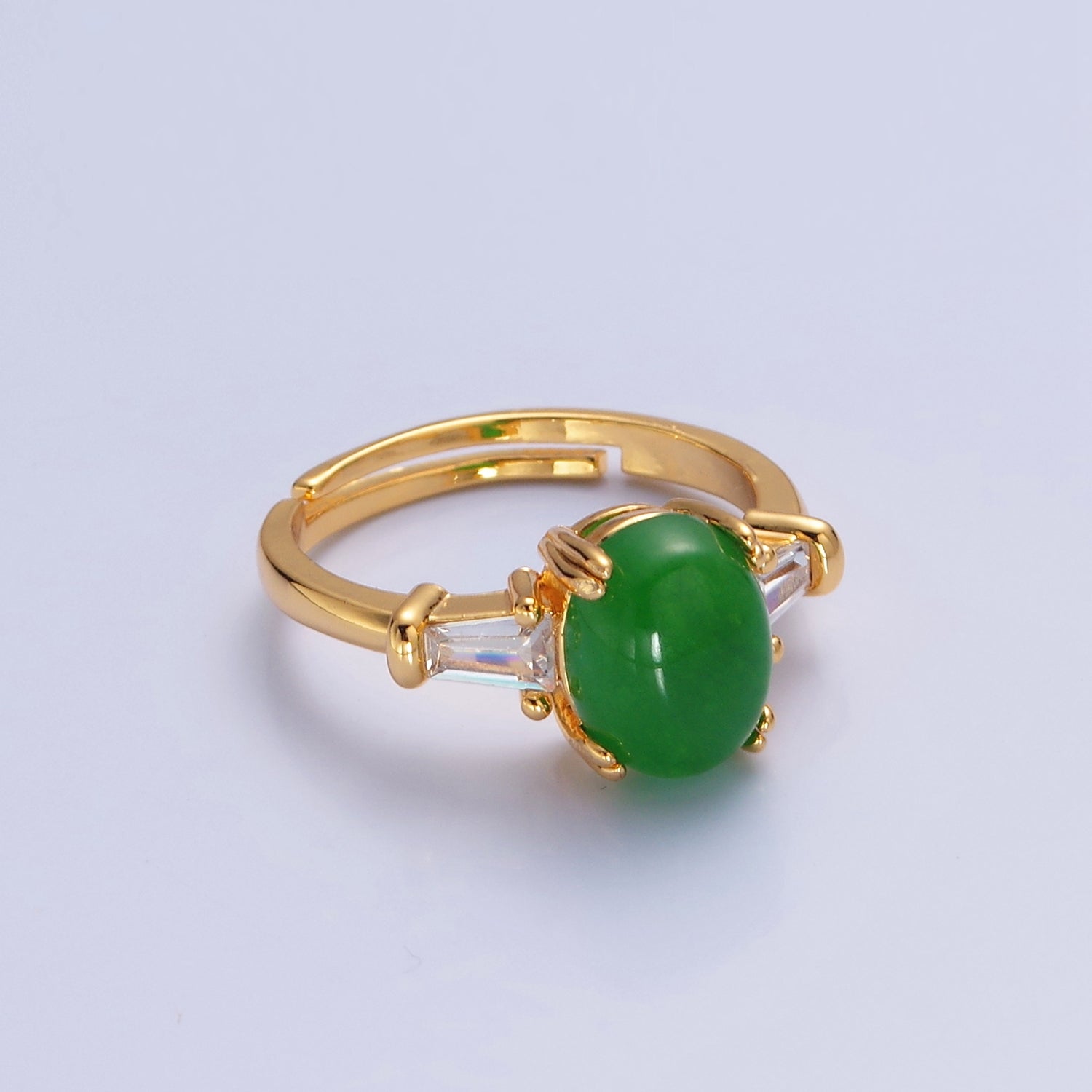 24K Gold Filled Oval Green Kade with Baguette CZ Statement Ring, P-311 - DLUXCA